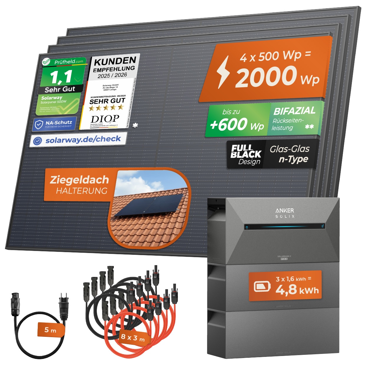 Solarway&reg; All In One Balkonkraftwerk mit Speicher 2000W komplett Steckdose - 4,8 kWh Anker Solix 2 PRO Speicher - Solaranlage Komplettset - 500W bifaziale Solarmodule & Anker Speicher & Zubeh&ouml;r 