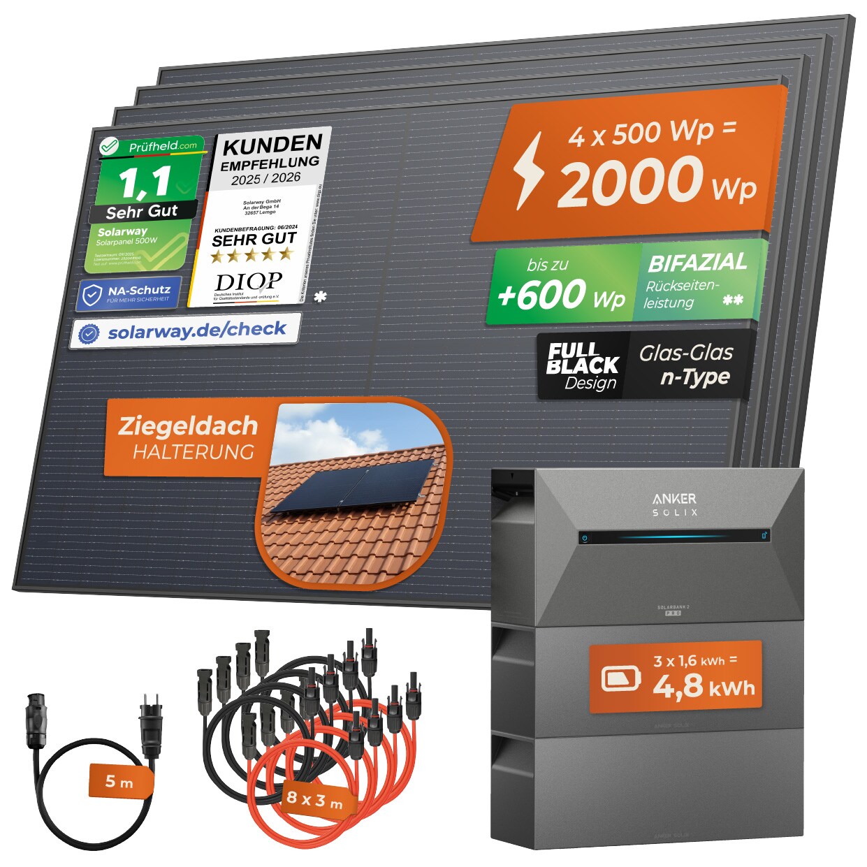 ® All In One Balkonkraftwerk mit Speicher 2000W komplett Steckdose - 4,8 kWh Anker Solix 2 PRO Speicher - Solaranlage Komplettset - 500W bifaziale Solarmodule & Anker Speicher & Zubehör