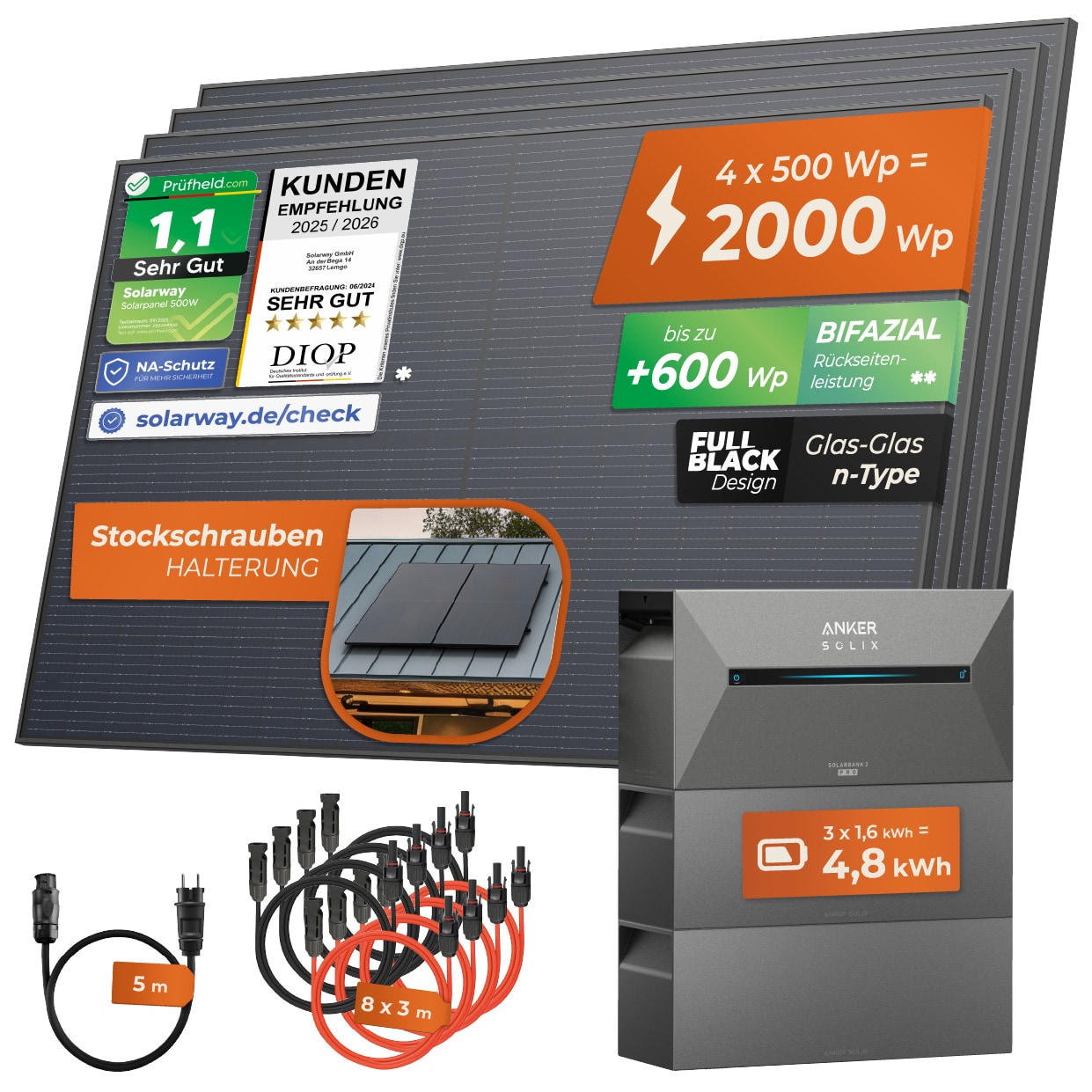 Solarway&reg; All In One Balkonkraftwerk mit Speicher 2000W komplett Steckdose - 4,8 kWh Anker Solix 2 PRO Speicher - Solaranlage Komplettset - 500W bifaziale Solarmodule & Anker Speicher & Zubeh&ouml;r 