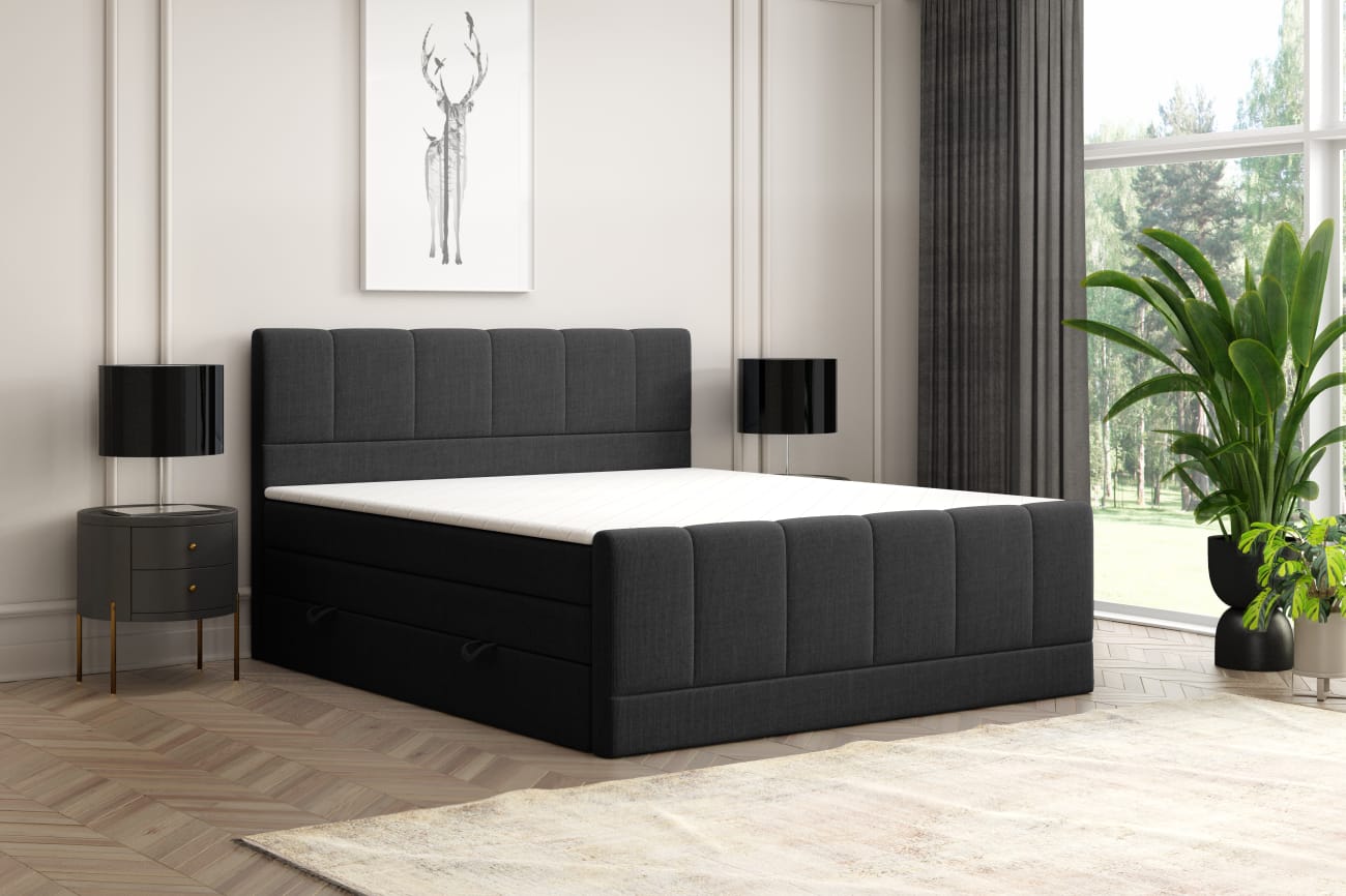 M-Punkt GmbH Boxspringbett IBIZA mit Bettkasten 180 x 200 cm Webstoff Schwarz - versch. Ausf&uuml;hrungen 