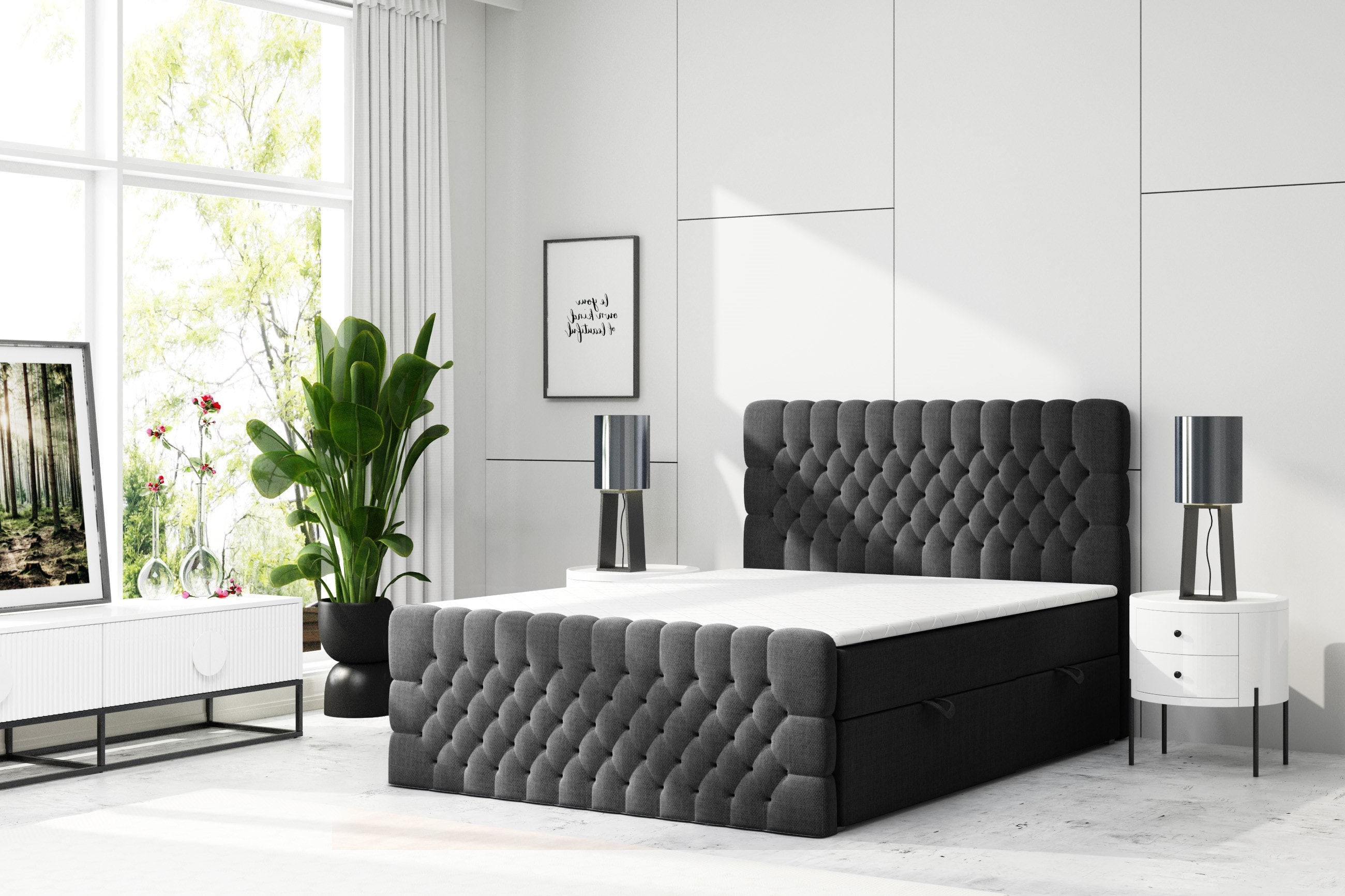 M-Punkt GmbH  Boxspringbett OXFORD mit Bettkasten 180 x 200 cm Webstoff Schwarz - versch. Ausf&uuml;hrungen 