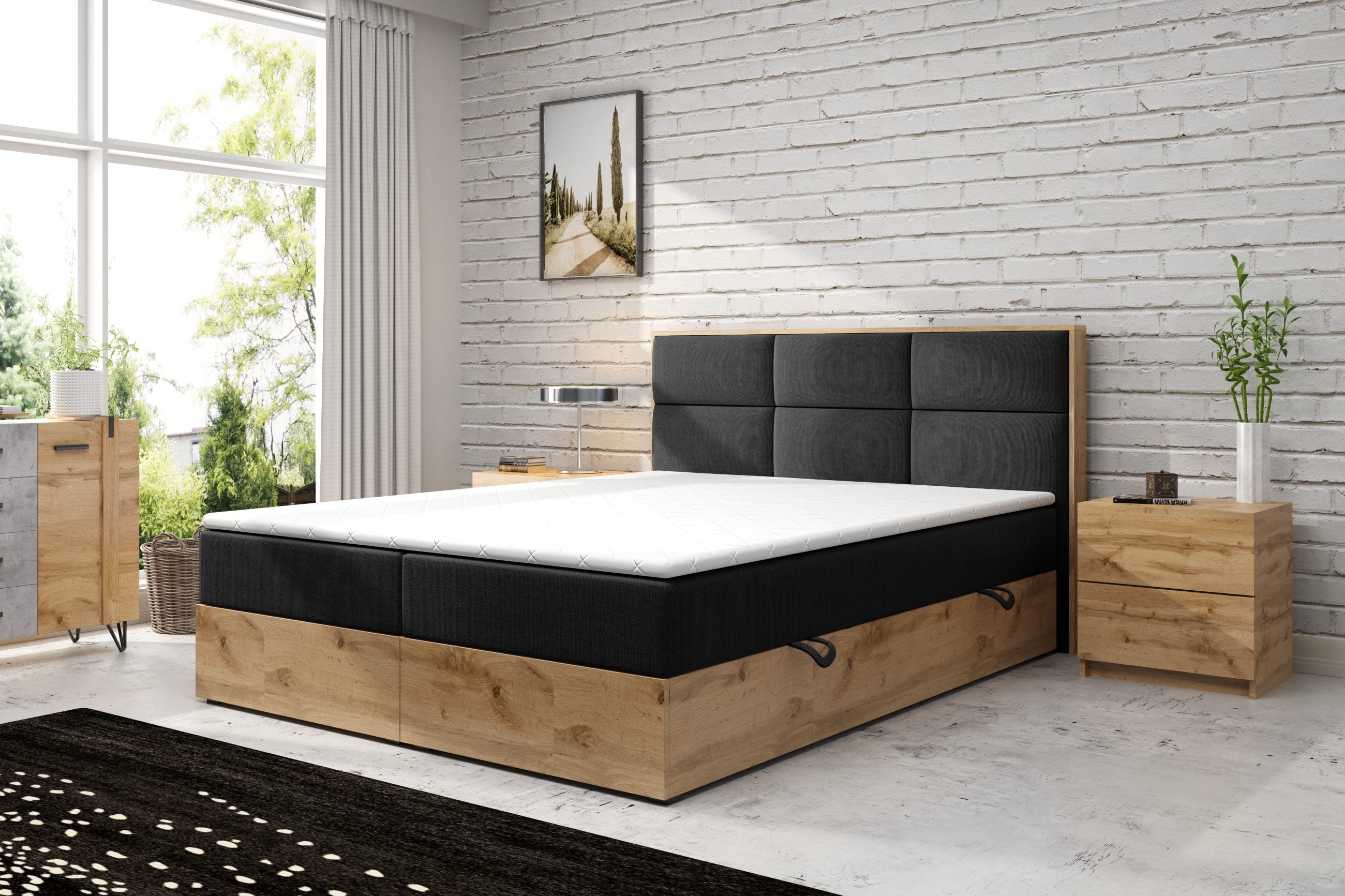 M-Punkt GmbH Boxspringbett STOCKHOLM Eiche Holz mit Bettkasten 180 x 200 cm Webstoff Schwarz - versch. Varianten 