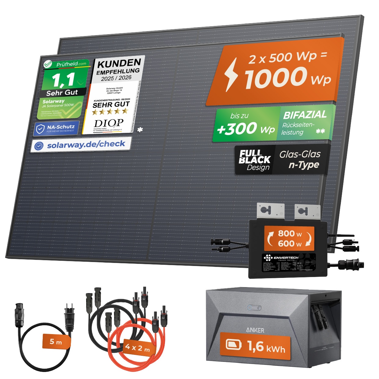 Solarway® 1000W Balkonkraftwerk mit Speicher 800W komplett Steckdose
