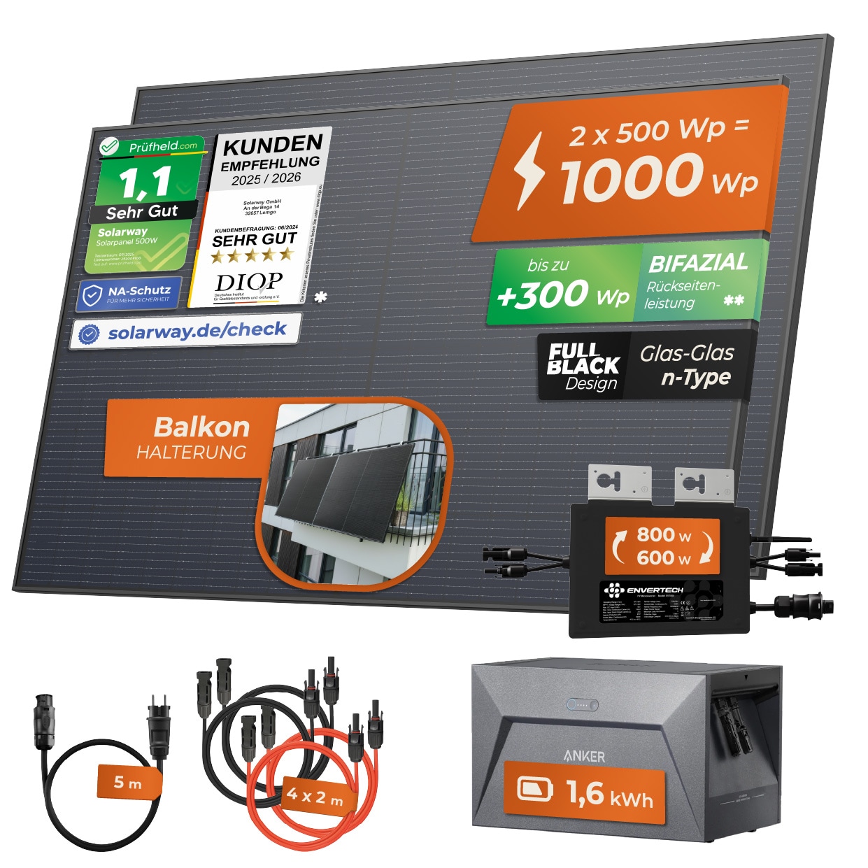 Solarway&reg; 1000W Balkonkraftwerk mit Speicher 800W komplett Steckdose - neuester 800 Watt Wechselrichter - 1,6 kWh Anker Solix 1 - 500W bifaziale Solarmodule & Envertech & Anker 