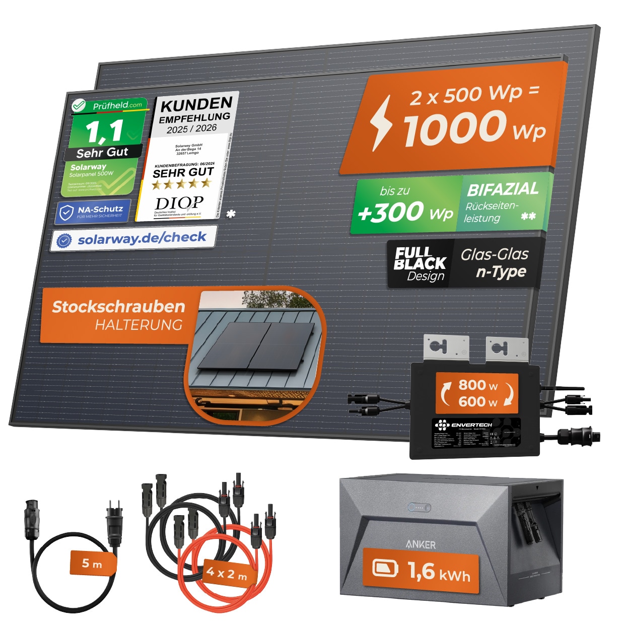 Solarway&reg; 1000W Balkonkraftwerk mit Speicher 800W komplett Steckdose - neuester 800 Watt Wechselrichter - 1,6 kWh Anker Solix 1 - 500W bifaziale Solarmodule & Envertech & Anker 