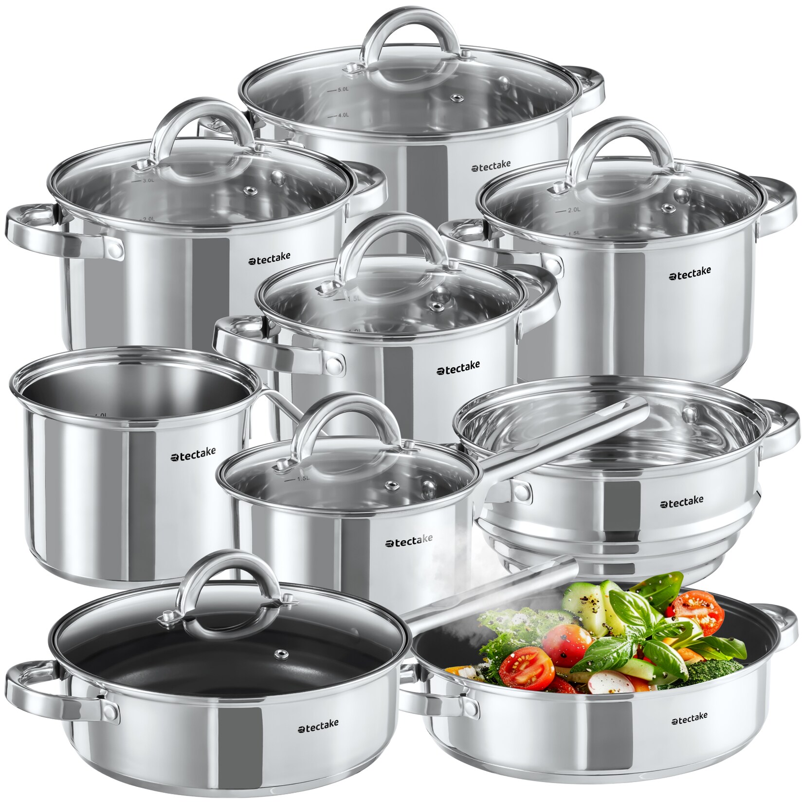 tectake® Kochtopfset, 15-teilig, aus Edelstahl, für Induktion geeignet, Glasdeckel mit Dampfabzug, integrierte Messskala in den Töpfen