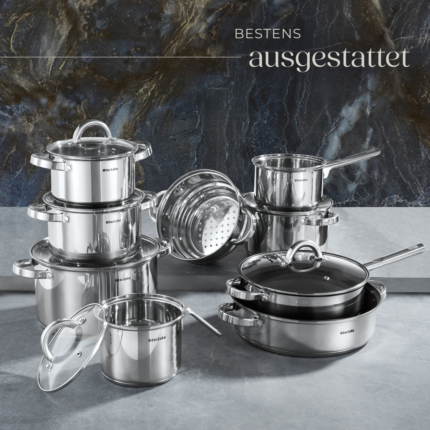 tectake® Kochtopfset, 15-teilig, aus Edelstahl, für Induktion geeignet, Glasdeckel mit Dampfabzug, integrierte Messskala in den Töpfen bei Marktkauf online bestellen