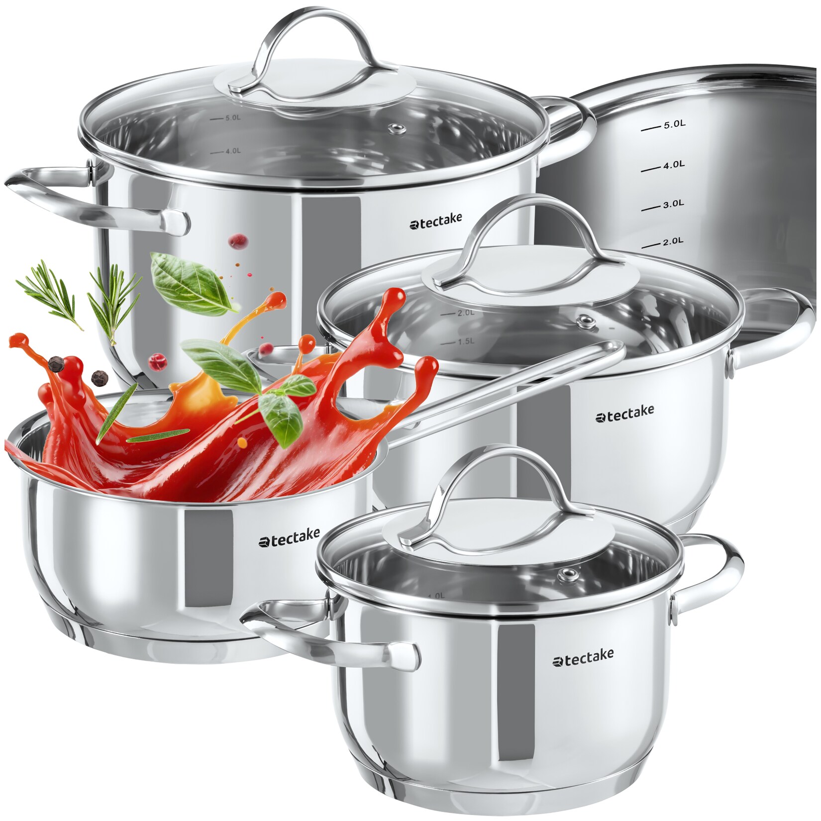 tectake® Kochtopfset, 7-teilig, aus Edelstahl, für Induktion geeignet, Glasdeckel mit Dampfabzug, integrierte Messskala in den Töpfen