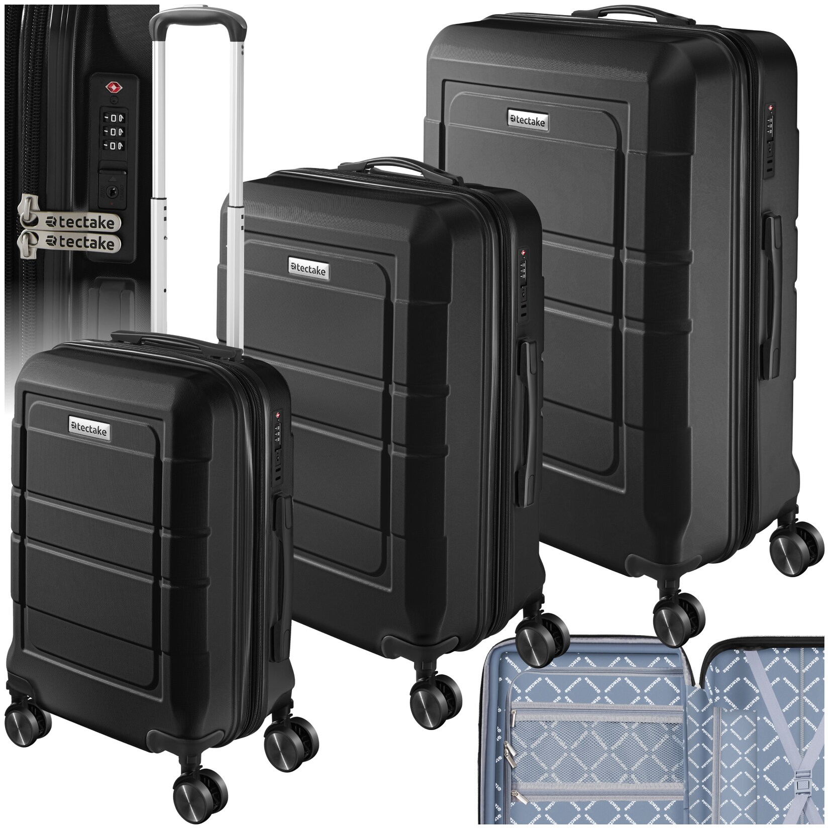 tectake® Reisekofferset, 3-teilig aus robustem ABS-Kunststoff mit Polycarbonat-Beschichtung, 360° drehbare, abnehmbare Gummirollen, mit Teleskopgriff