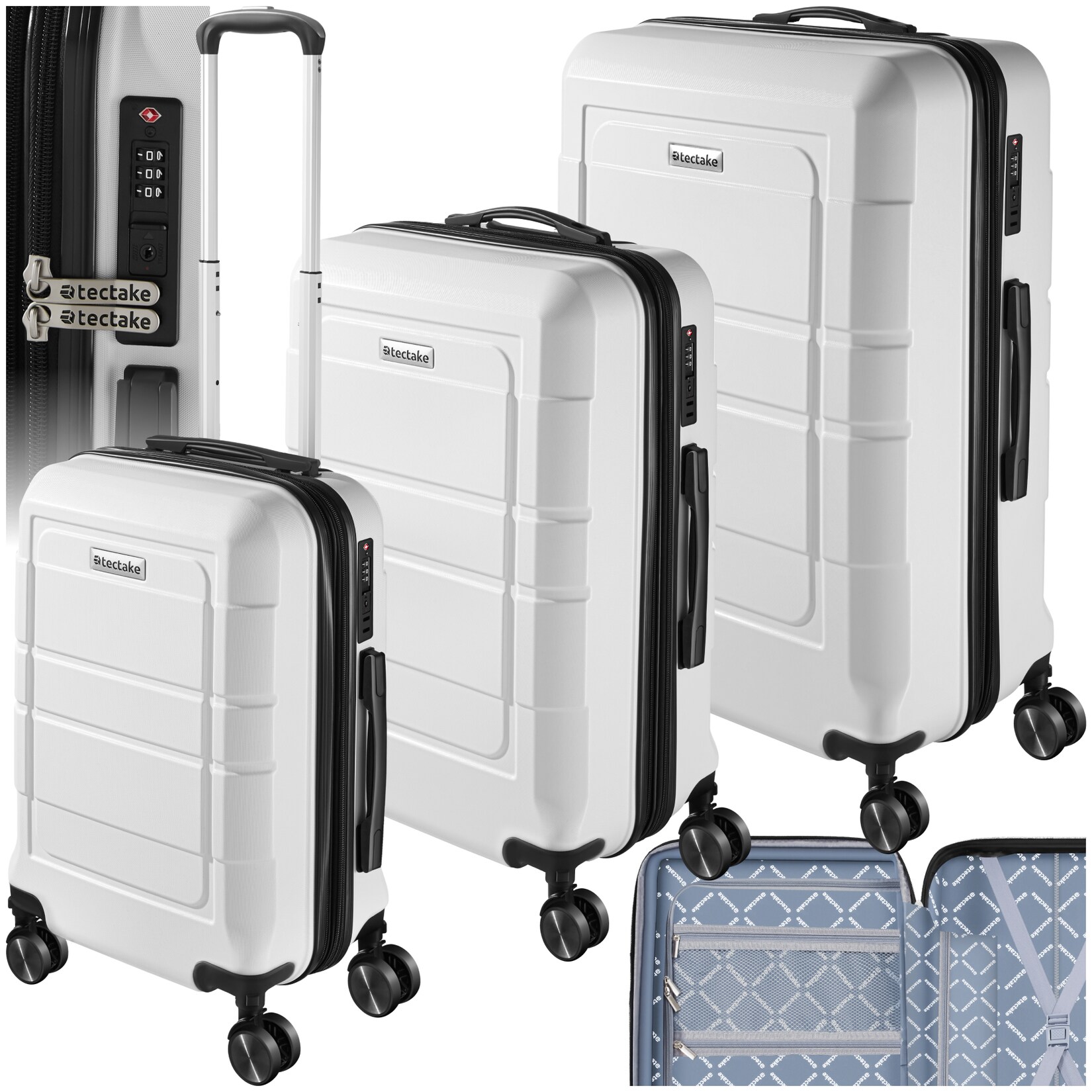 tectake® Reisekofferset, 3-teilig aus robustem ABS-Kunststoff mit Polycarbonat-Beschichtung, 360° drehbare, abnehmbare Gummirollen, mit Teleskopgriff