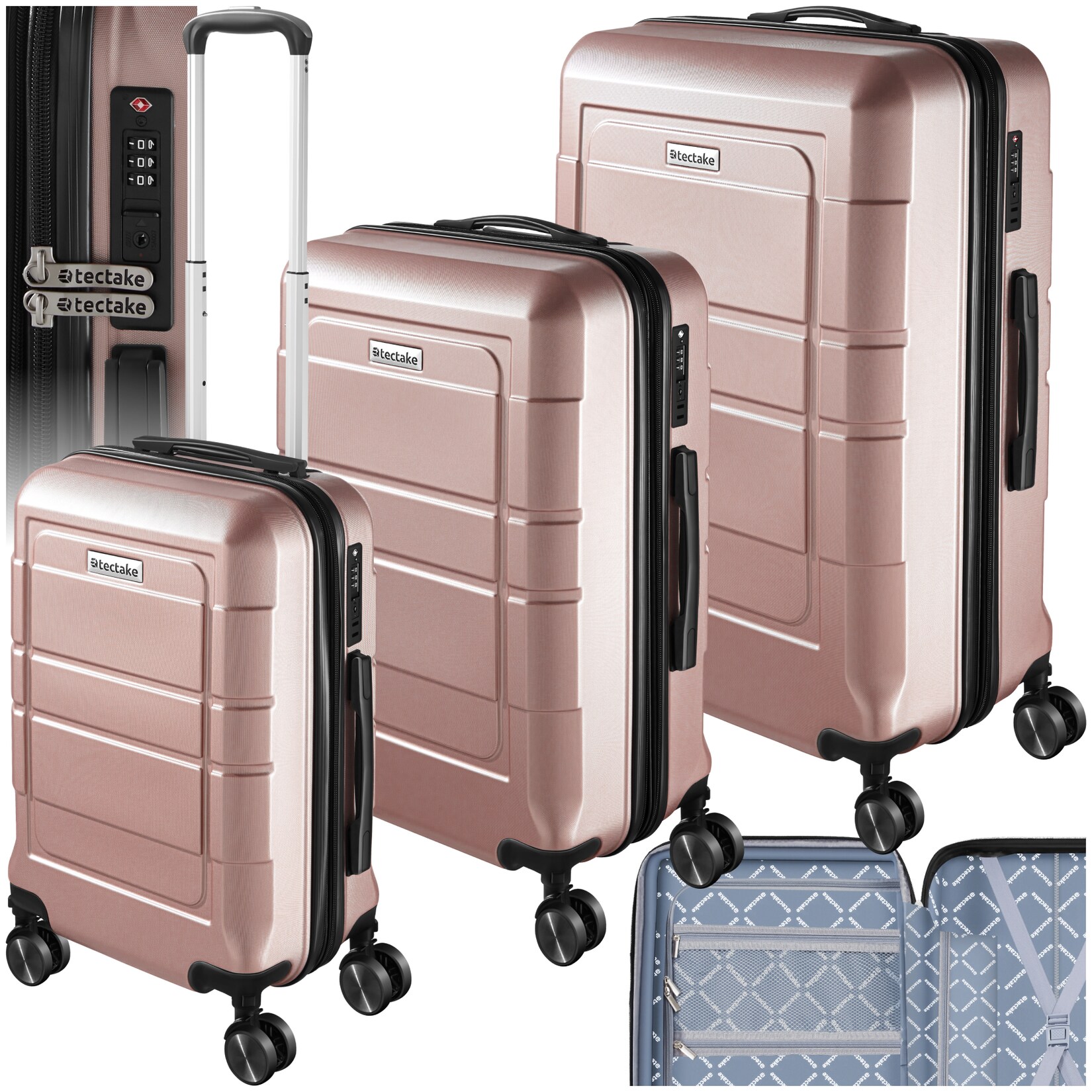 tectake® Reisekofferset, 3-teilig aus robustem ABS-Kunststoff mit Polycarbonat-Beschichtung, 360° drehbare, abnehmbare Gummirollen, mit Teleskopgriff