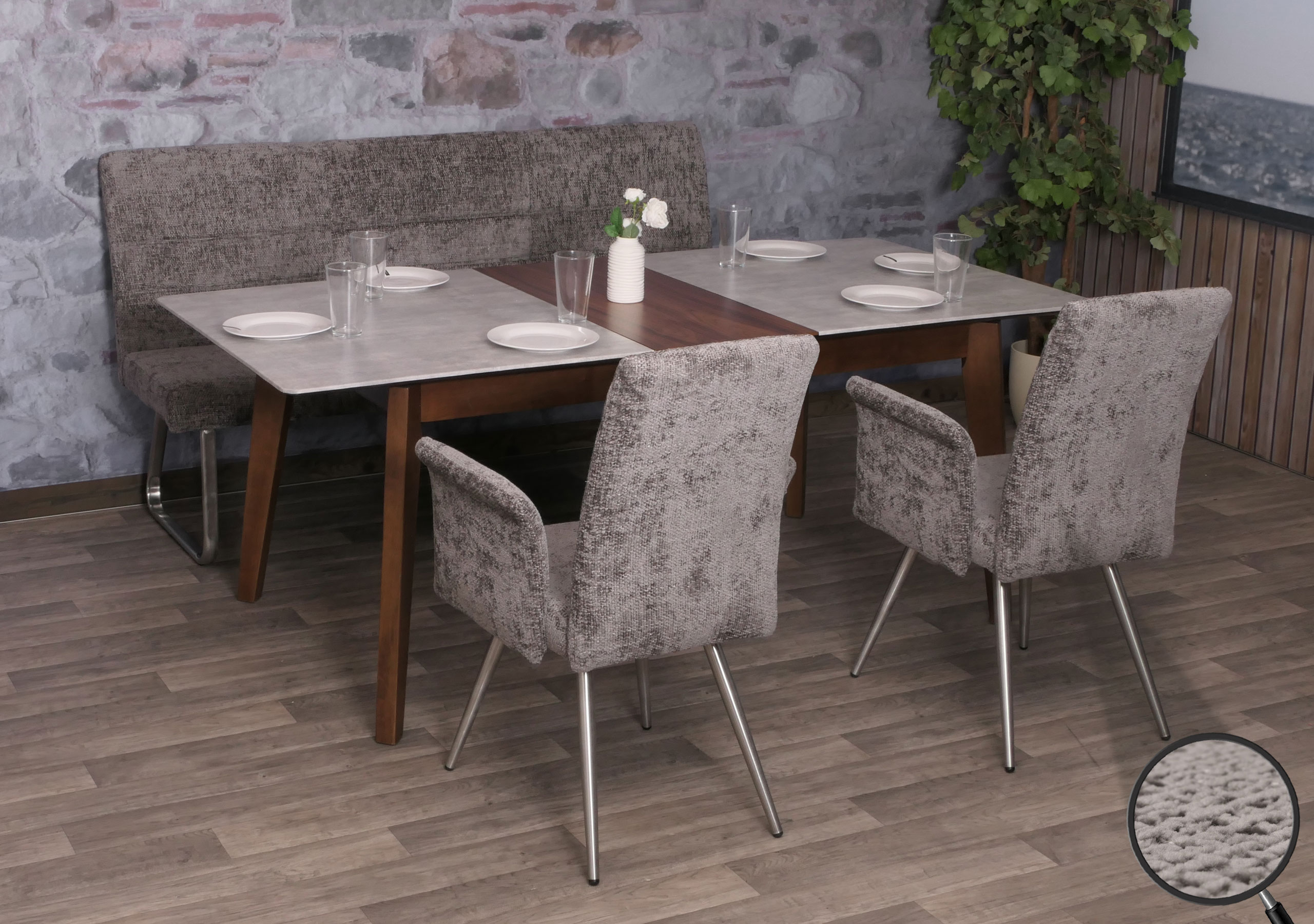Esszimmer-Set MCW-G55, 2er-Set Stuhl mit Armlehne+Sitzbank 180cm, Edelstahl geb&uuml;rstet Stoff/Textil Chenille ~ dunkelgrau 