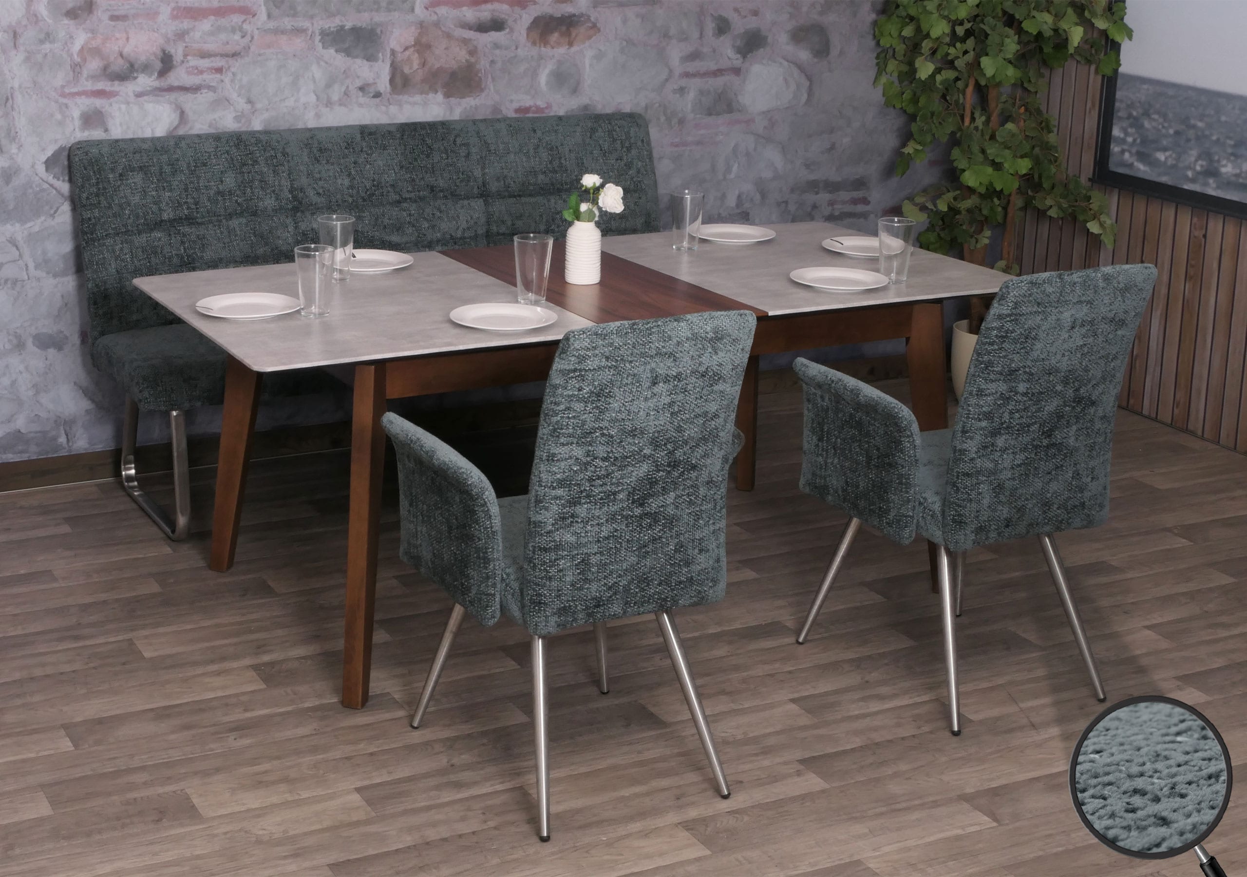 Esszimmer-Set MCW-G55, 2er-Set Stuhl mit Armlehne+Sitzbank 180cm, Edelstahl geb&uuml;rstet Stoff/Textil Chenille ~ blau-gr&uuml;n 