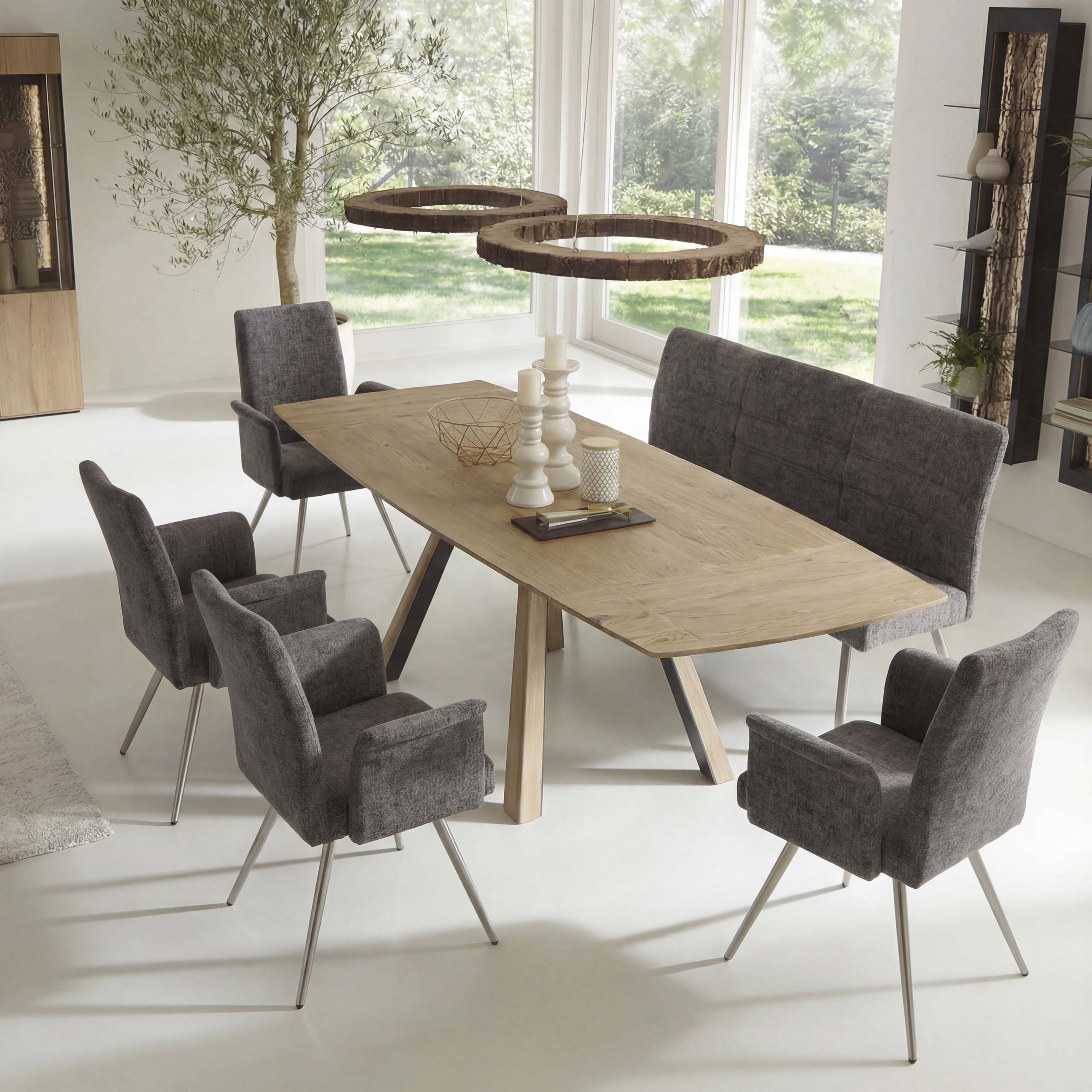 Esszimmer-Set MCW-G55, 4er-Set Stuhl mit Armlehne+Sitzbank 180cm, Edelstahl geb&uuml;rstet Stoff/Textil Chenille ~ dunkelgrau 