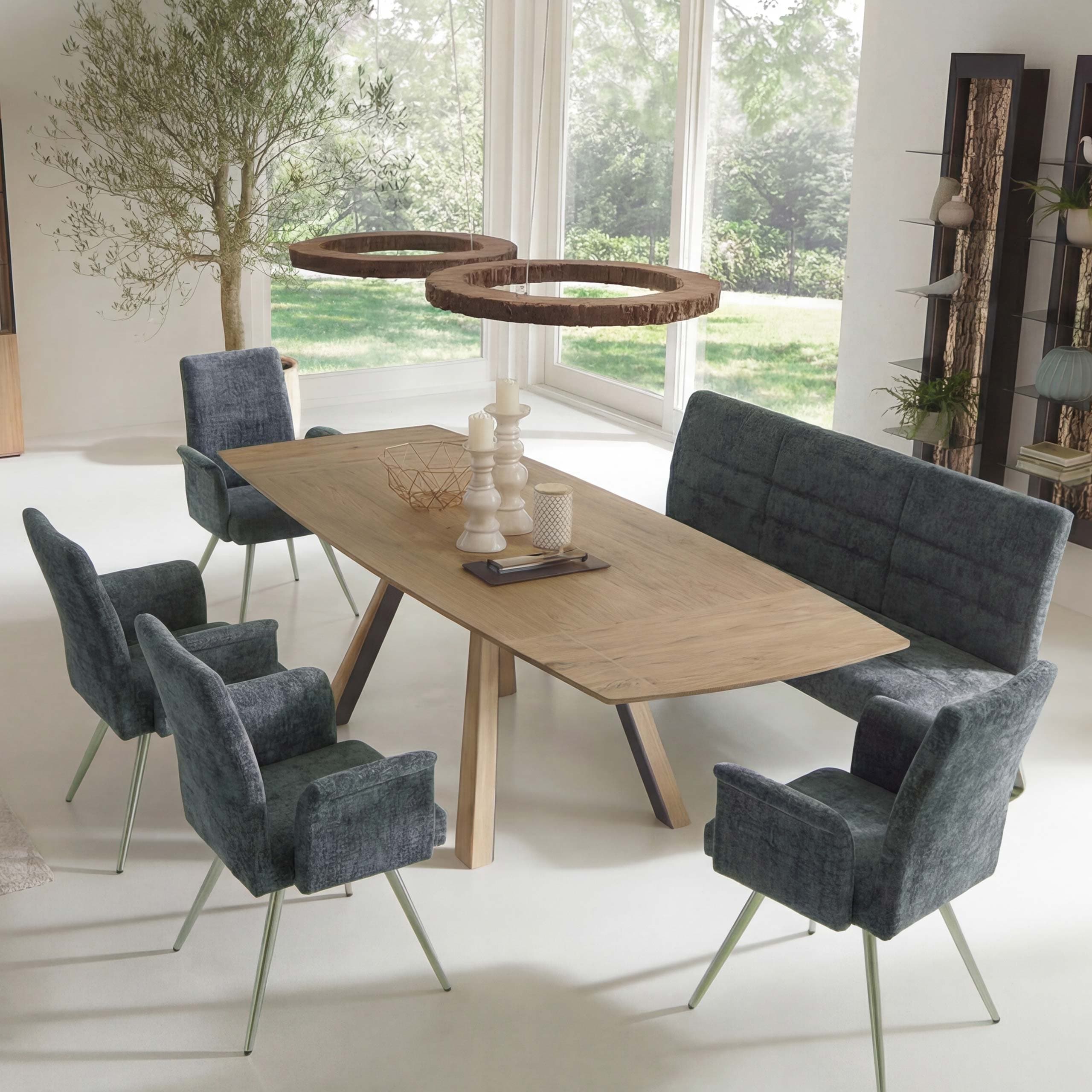 Esszimmer-Set MCW-G55, 4er-Set Stuhl mit Armlehne+Sitzbank 180cm, Edelstahl geb&uuml;rstet Stoff/Textil Chenille ~ blau-gr&uuml;n 