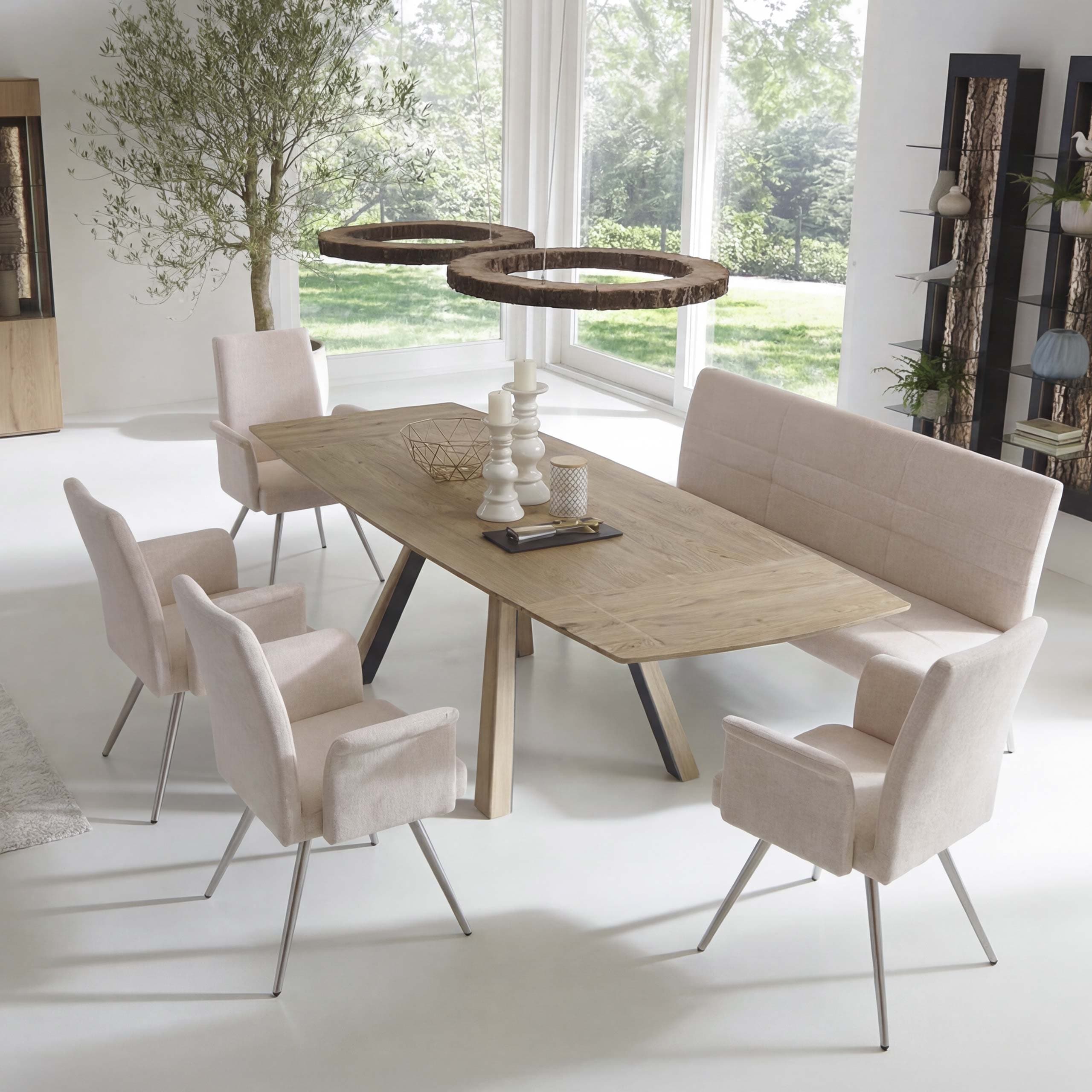 Esszimmer-Set MCW-G55, 4er-Set Stuhl mit Armlehne+Sitzbank 180cm, Edelstahl geb&uuml;rstet Stoff/Textil Chenille ~ creme 