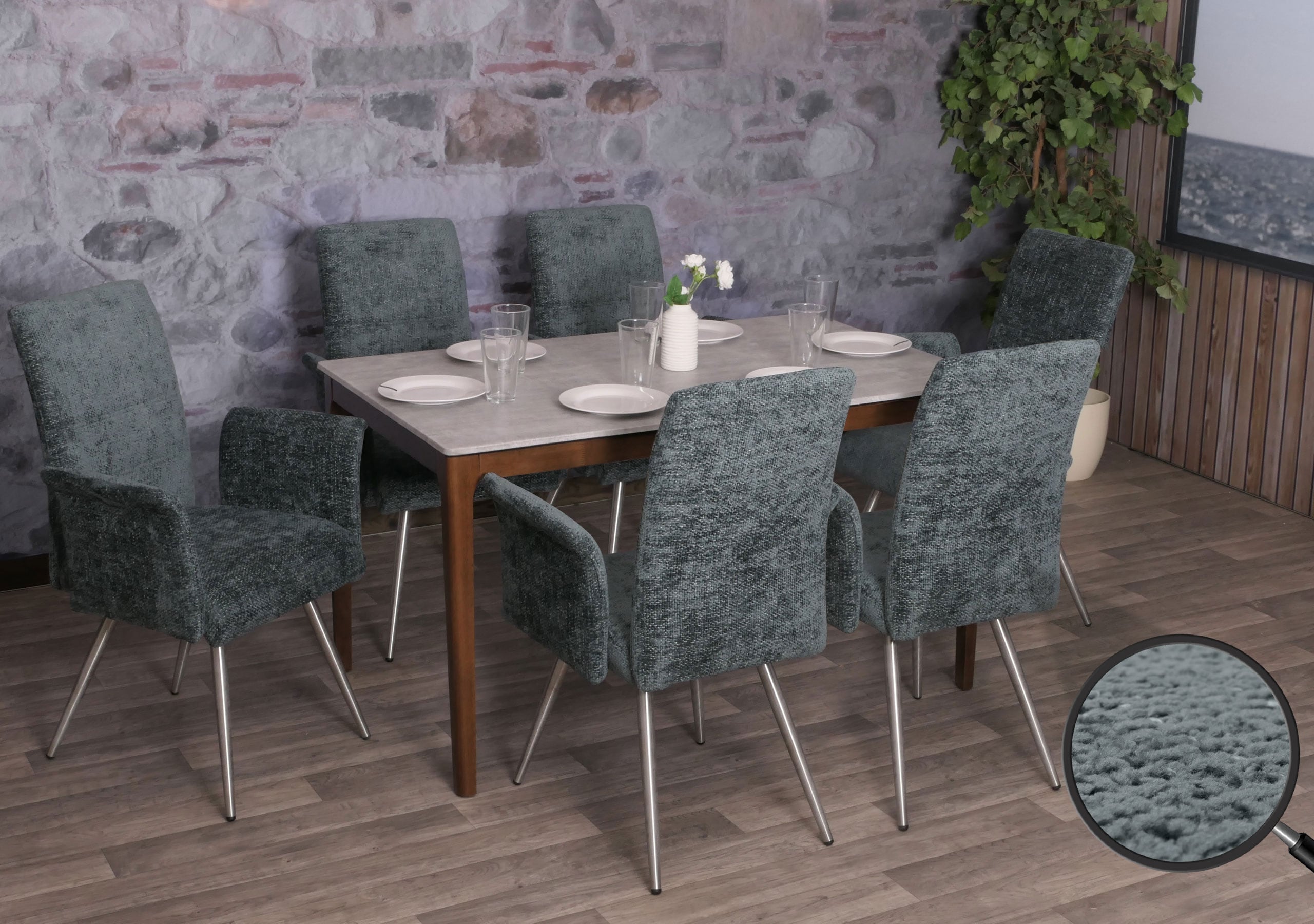 6er-Set Esszimmerstuhl MCW-G55, K&uuml;chenstuhl Stuhl mit Armlehne, Edelstahl geb&uuml;rstet Stoff/Textil Chenille &Ouml;ko-Tex ~ blau-gr&uuml;n 