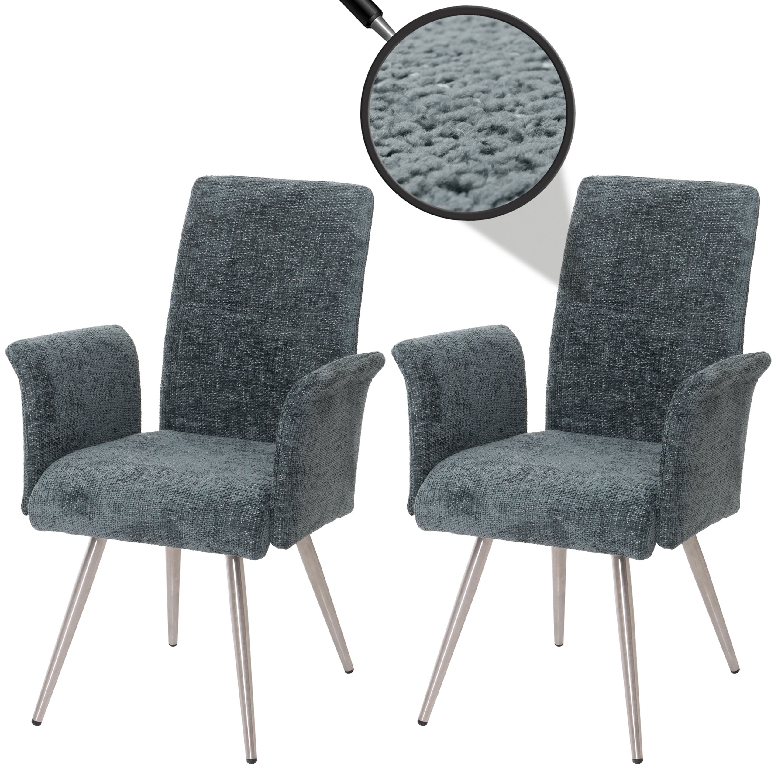 2er-Set Esszimmerstuhl MCW-G55, K&uuml;chenstuhl Stuhl mit Armlehne, Edelstahl geb&uuml;rstet Stoff/Textil Chenille &Ouml;ko-Tex ~ blau-gr&uuml;n 