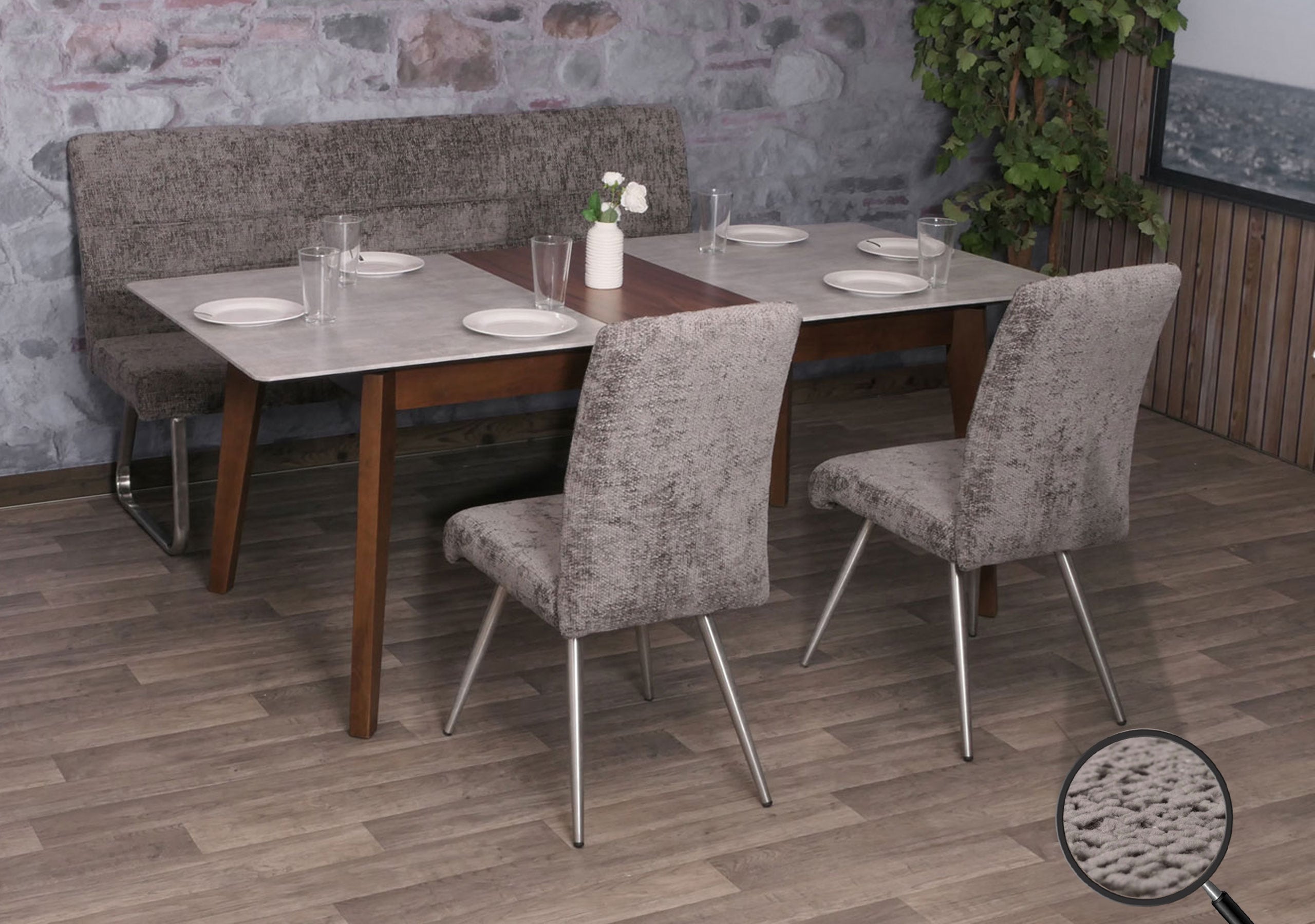 Esszimmer-Set MCW-G55, 2er-Set Stuhl + Sitzbank 180cm, Edelstahl geb&uuml;rstet Stoff/Textil Chenille ~ dunkelgrau 