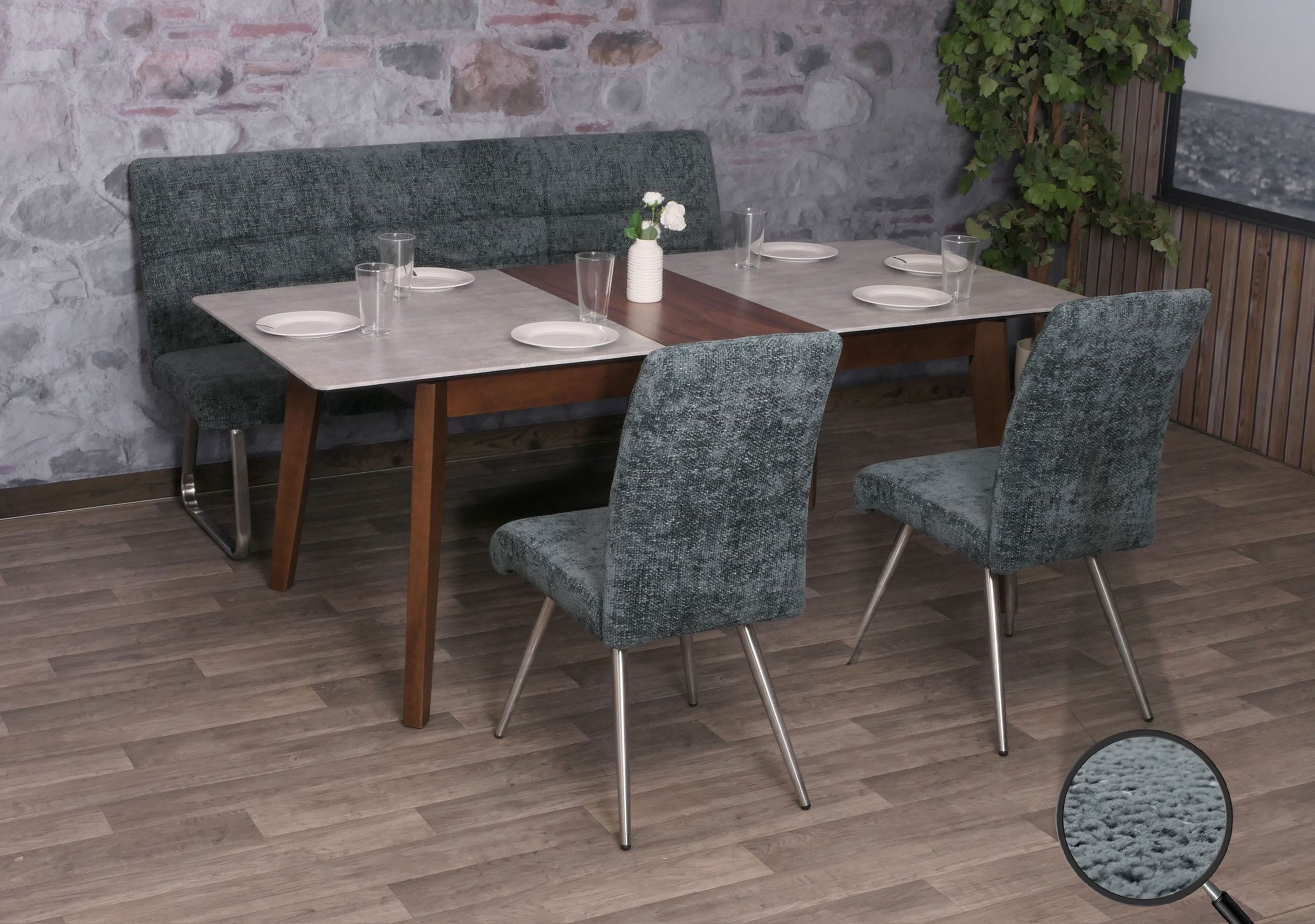 Esszimmer-Set MCW-G55, 2er-Set Stuhl + Sitzbank 180cm, Edelstahl geb&uuml;rstet Stoff/Textil Chenille ~ blau-gr&uuml;n 