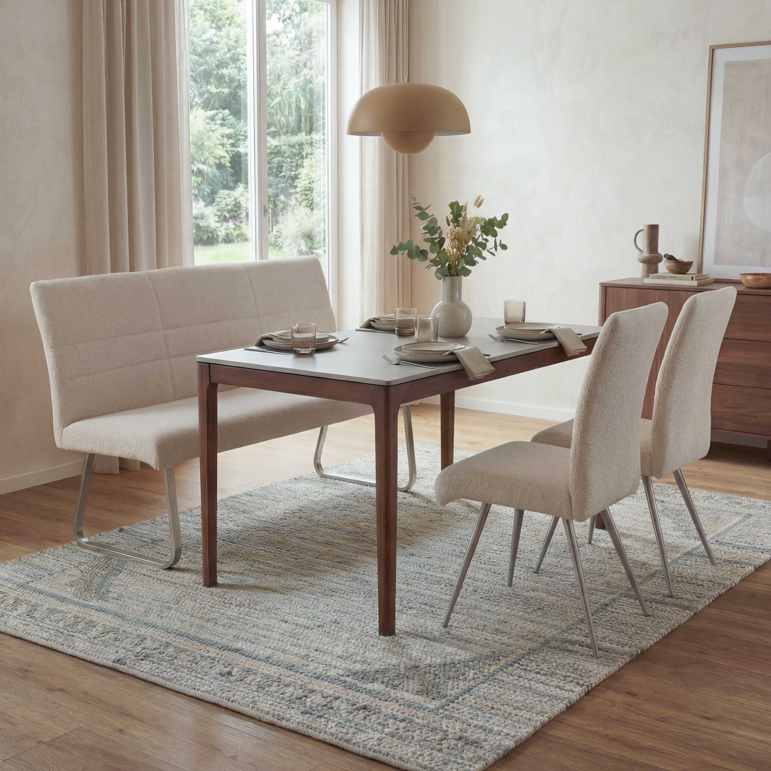 Esszimmer-Set MCW-G55, 2er-Set Stuhl + Sitzbank 180cm, Edelstahl geb&uuml;rstet Stoff/Textil Chenille ~ creme 