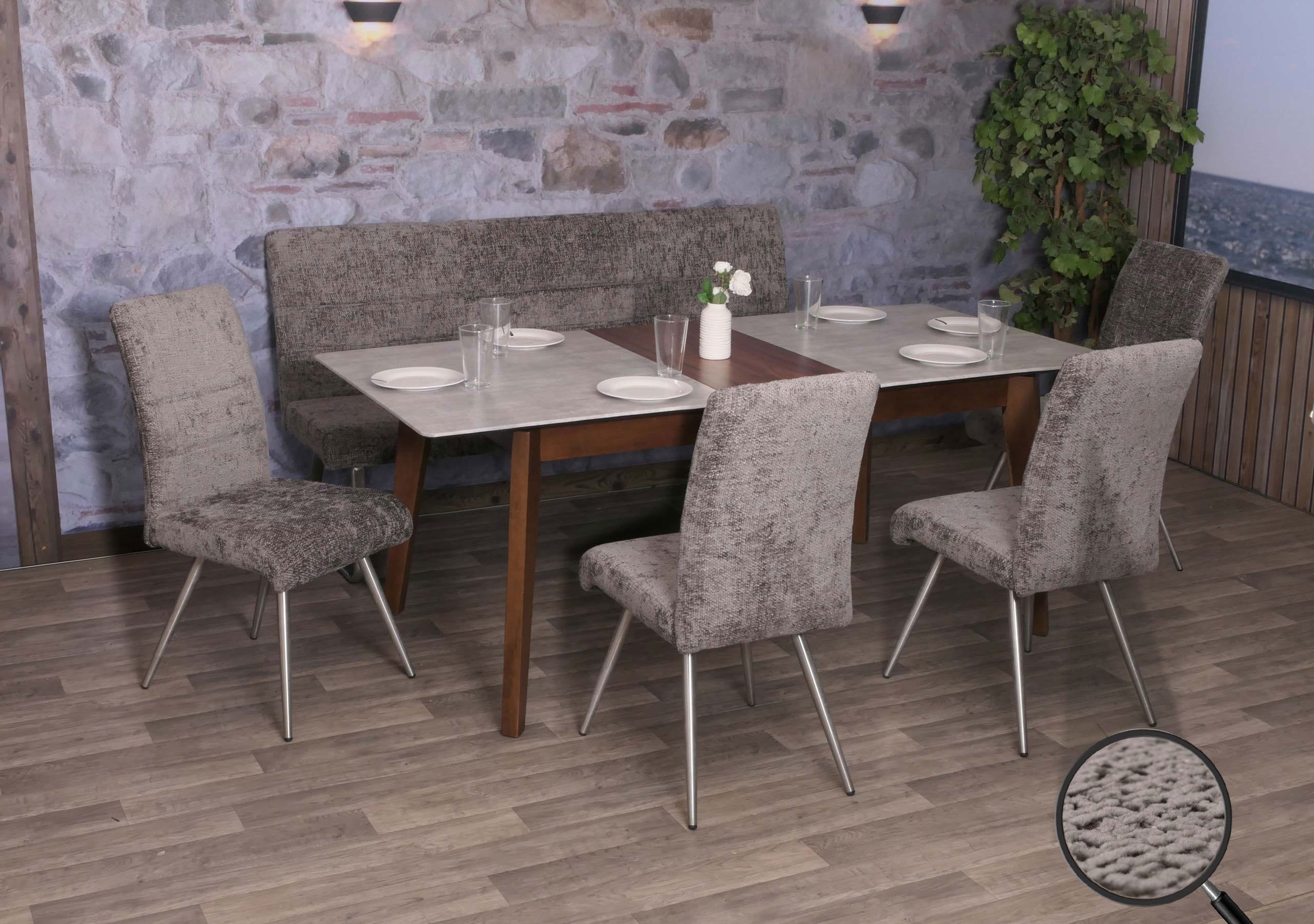 Esszimmer-Set MCW-G55, 4er-Set Stuhl + Sitzbank 180cm, Edelstahl geb&uuml;rstet Stoff/Textil Chenille ~ dunkelgrau 