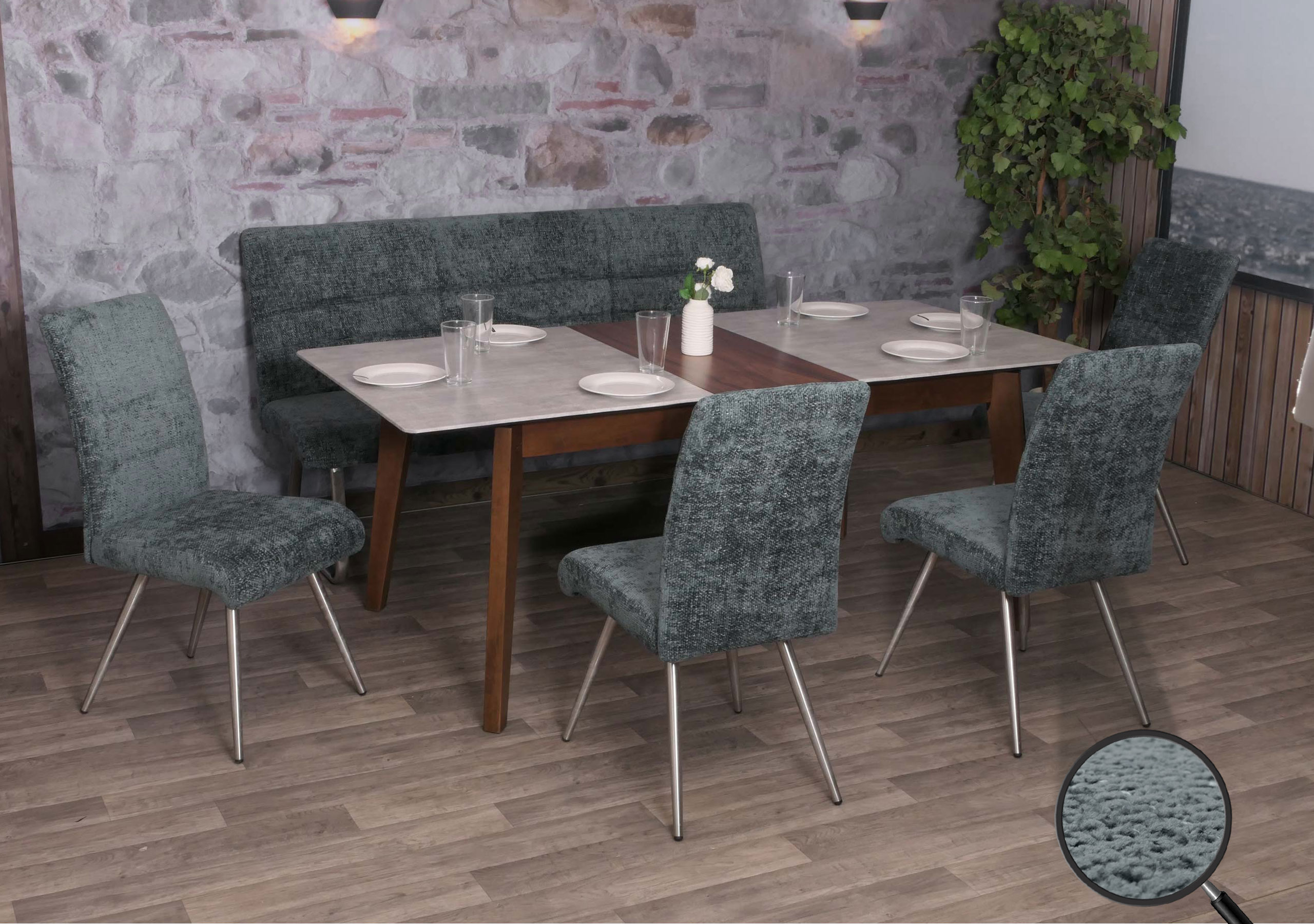 Esszimmer-Set MCW-G55, 4er-Set Stuhl + Sitzbank 180cm, Edelstahl geb&uuml;rstet Stoff/Textil Chenille ~ blau-gr&uuml;n 