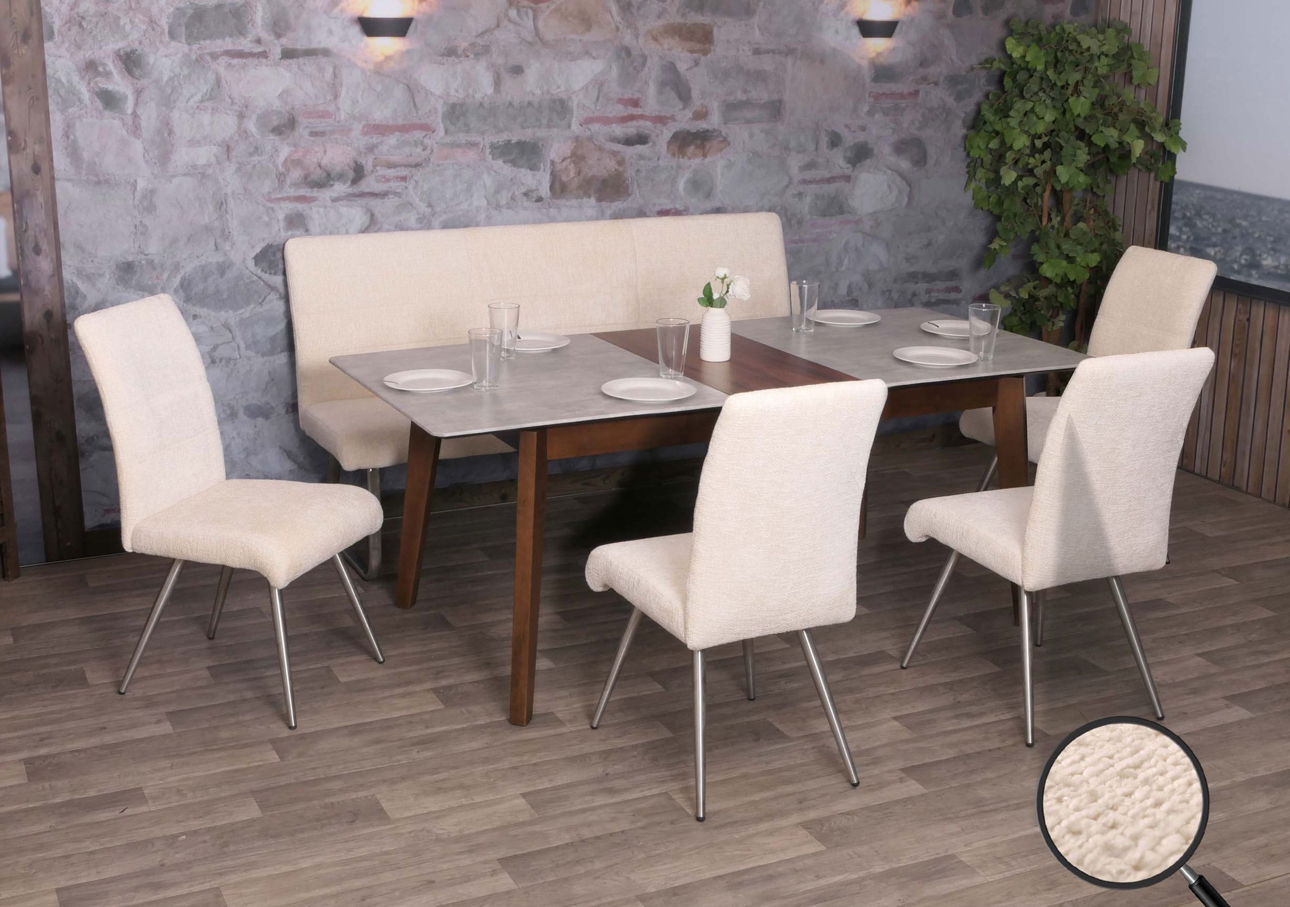 Esszimmer-Set MCW-G55, 4er-Set Stuhl + Sitzbank 180cm, Edelstahl geb&uuml;rstet Stoff/Textil Chenille ~ creme 