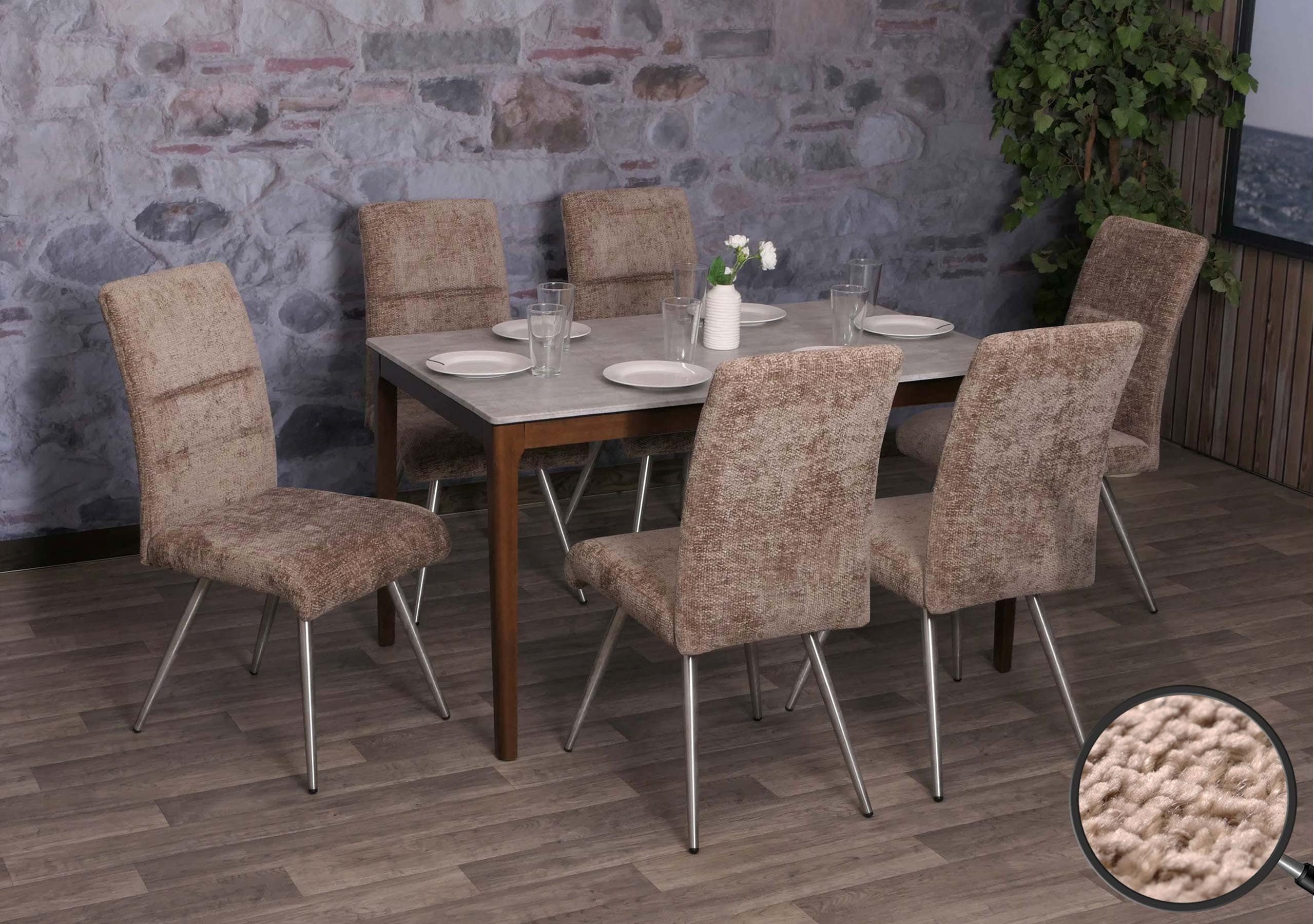 6er-Set Esszimmerstuhl MCW-G55, K&uuml;chenstuhl Lehnstuhl, Edelstahl geb&uuml;rstet Stoff/Textil Chenille &Ouml;ko-Tex ~ braun 