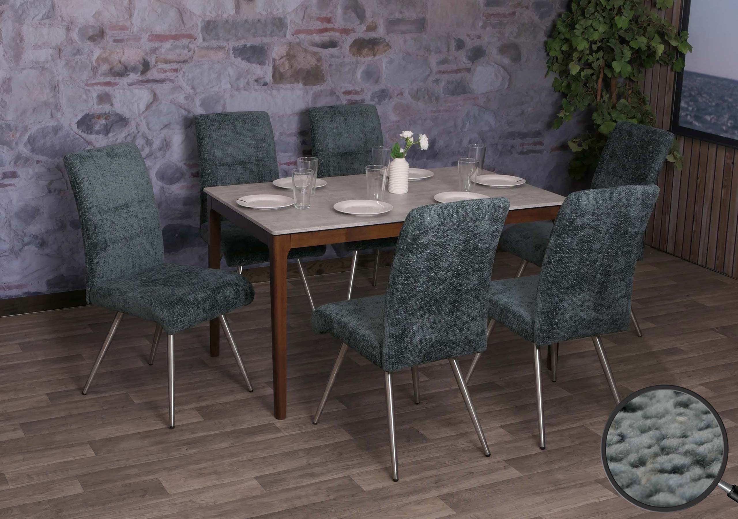 6er-Set Esszimmerstuhl MCW-G55, K&uuml;chenstuhl Lehnstuhl, Edelstahl geb&uuml;rstet Stoff/Textil Chenille ~ blau-gr&uuml;n 