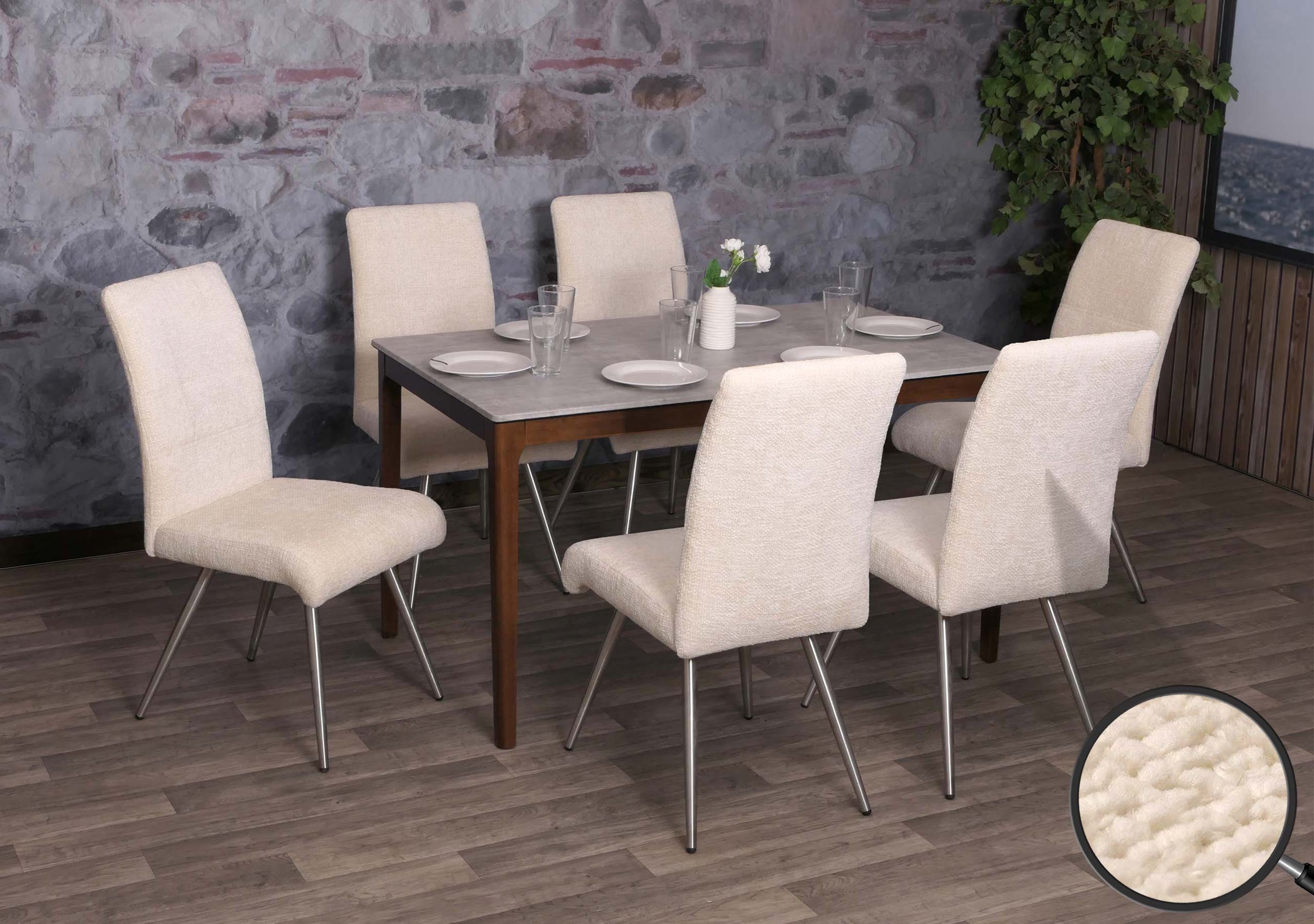6er-Set Esszimmerstuhl MCW-G55, K&uuml;chenstuhl Lehnstuhl, Edelstahl geb&uuml;rstet Stoff/Textil Chenille &Ouml;ko-Tex ~ creme 