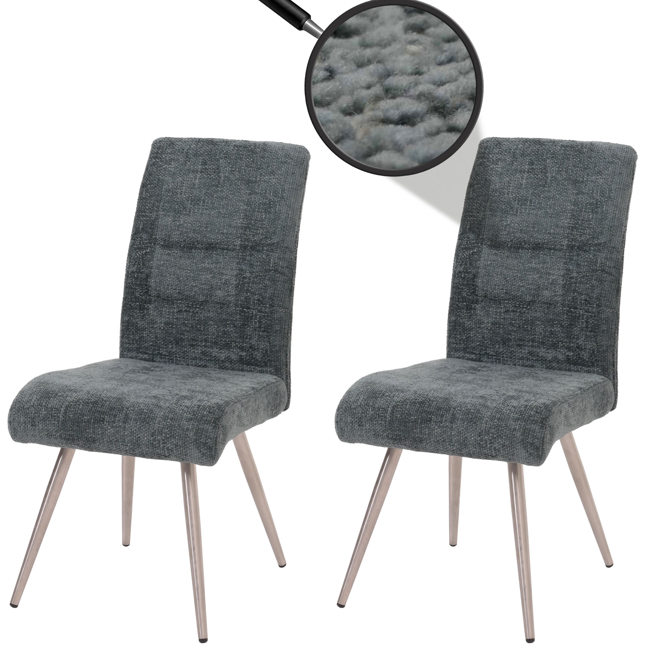 2er-Set Esszimmerstuhl MCW-G55, K&uuml;chenstuhl Lehnstuhl, Edelstahl geb&uuml;rstet Stoff/Textil Chenille ~ blau-gr&uuml;n 