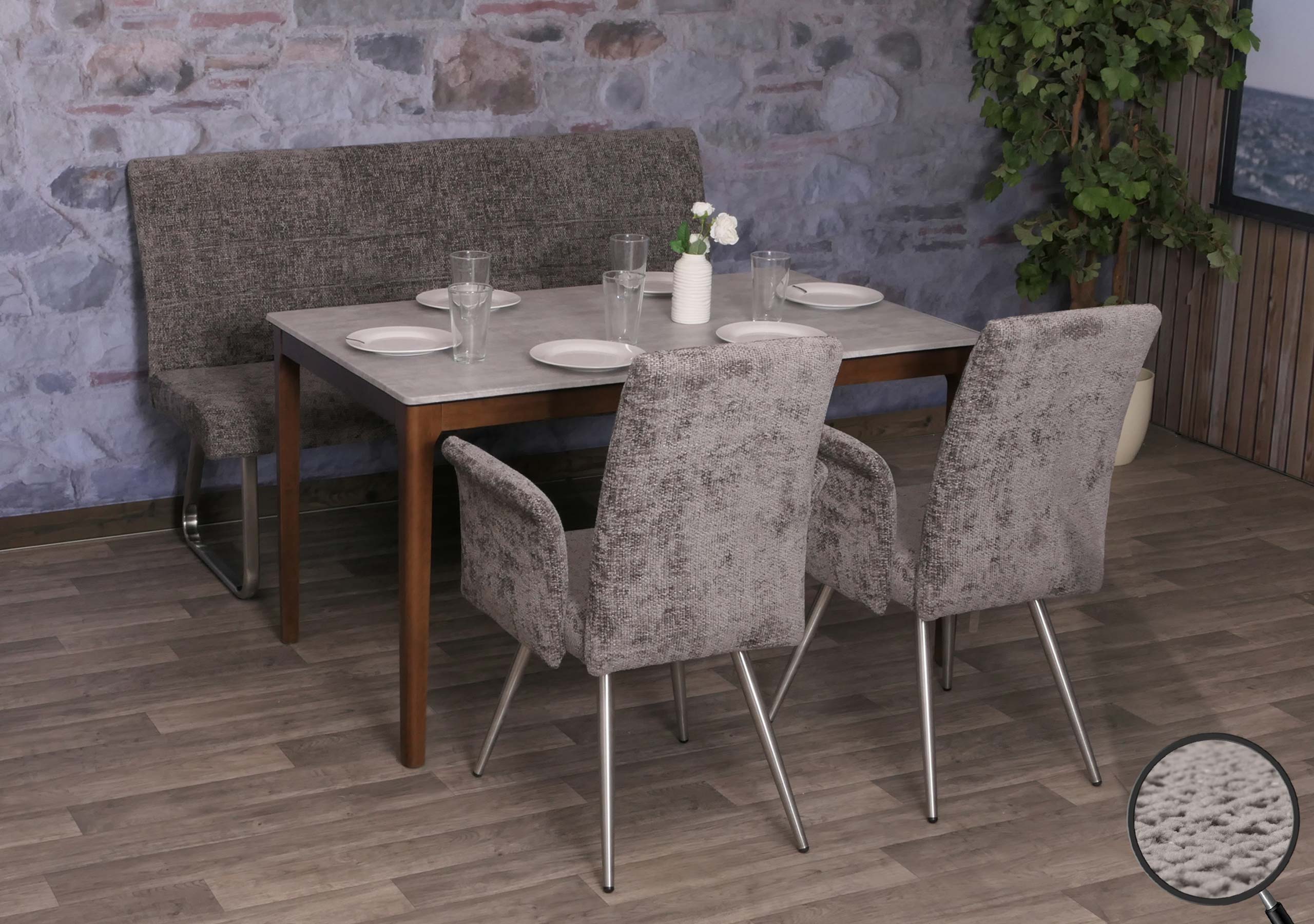 Esszimmer-Set MCW-G55, 2er-Set Stuhl mit Armlehne+Sitzbank 160cm, Edelstahl geb&uuml;rstet Stoff/Textil Chenille ~ dunkelgrau 