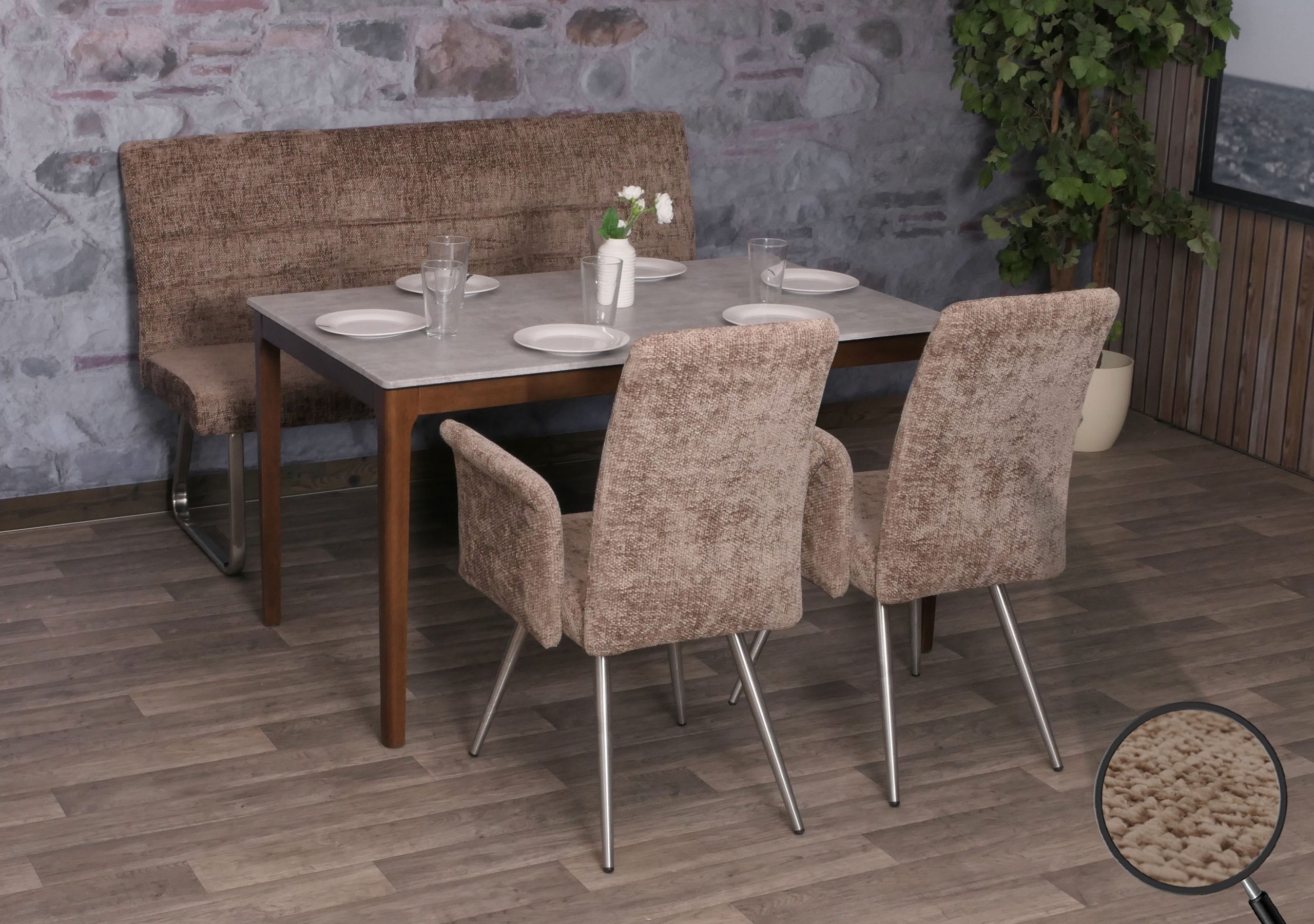 Esszimmer-Set MCW-G55, 2er-Set Stuhl mit Armlehne+Sitzbank 160cm, Edelstahl geb&uuml;rstet Stoff/Textil Chenille ~ braun 