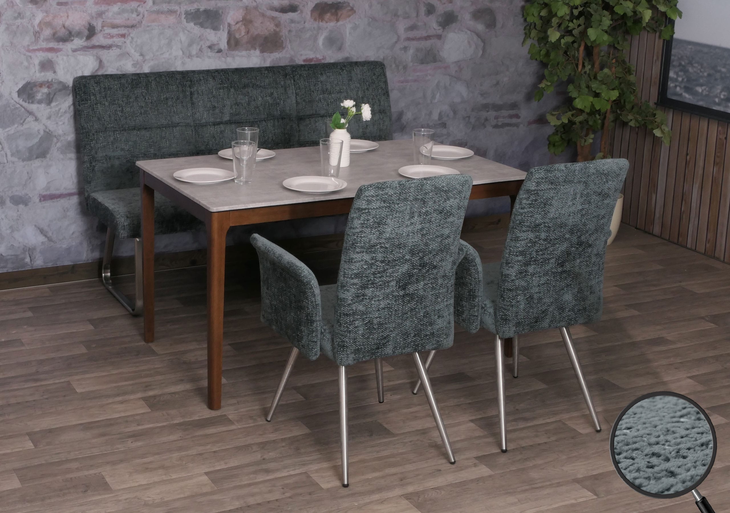 Esszimmer-Set MCW-G55, 2er-Set Stuhl mit Armlehne+Sitzbank 160cm, Edelstahl geb&uuml;rstet Stoff/Textil Chenille ~ blau-gr&uuml;n 