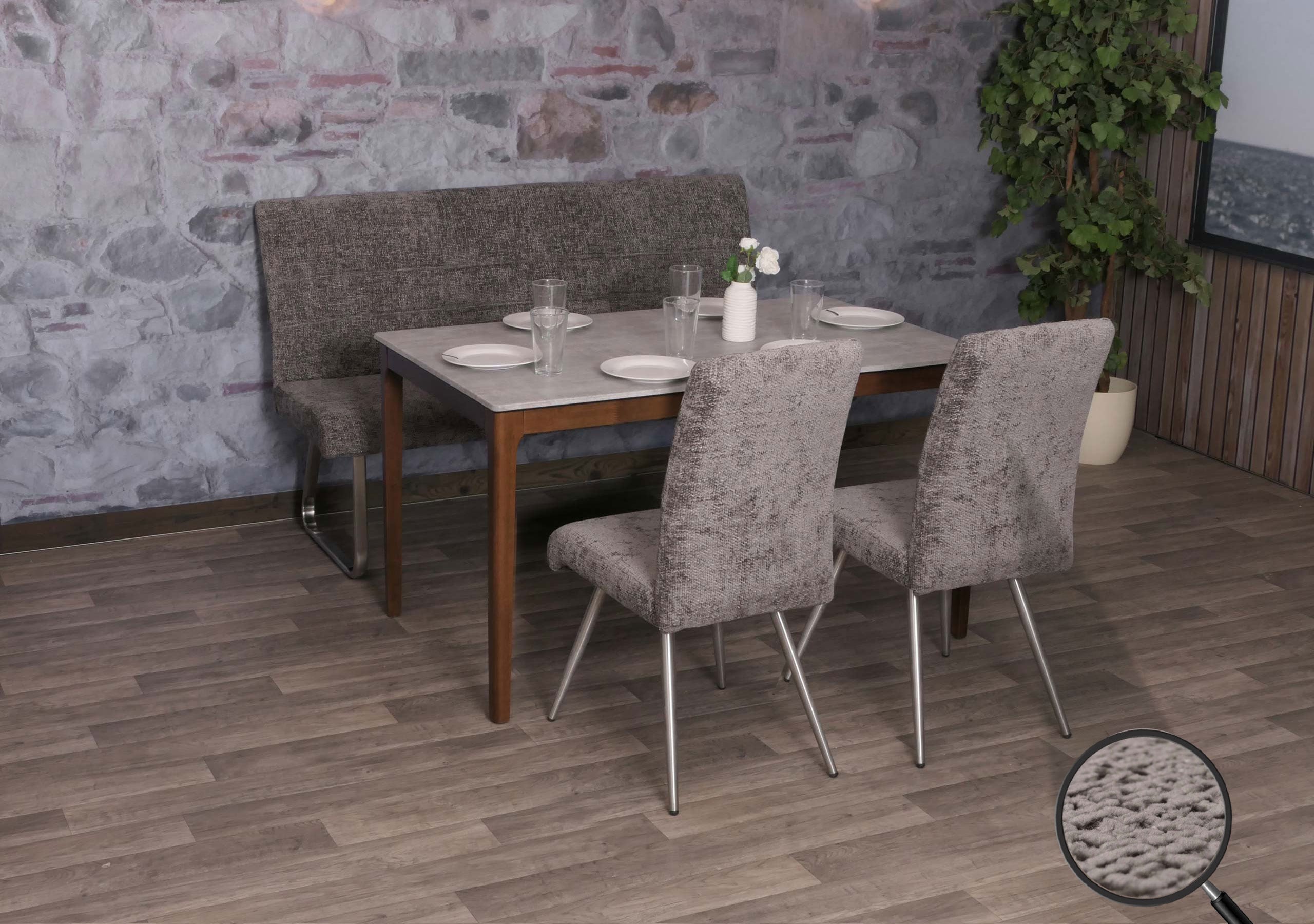 Esszimmer-Set MCW-G55, 2er-Set Stuhl + Sitzbank 160cm, Edelstahl geb&uuml;rstet Stoff/Textil Chenille ~ dunkelgrau 