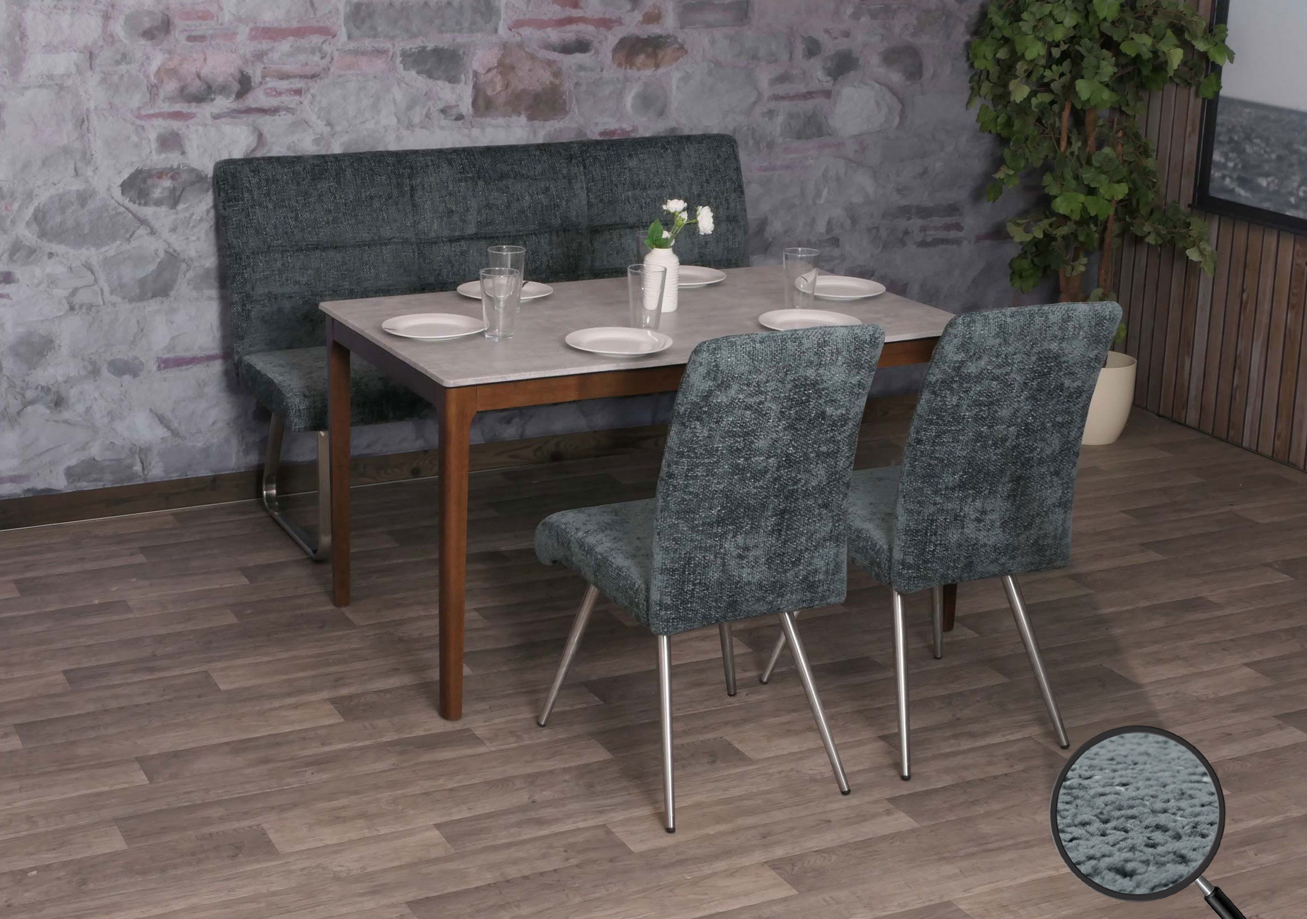 Esszimmer-Set MCW-G55, 2er-Set Stuhl + Sitzbank 160cm, Edelstahl geb&uuml;rstet Stoff/Textil Chenille ~ blau-gr&uuml;n 
