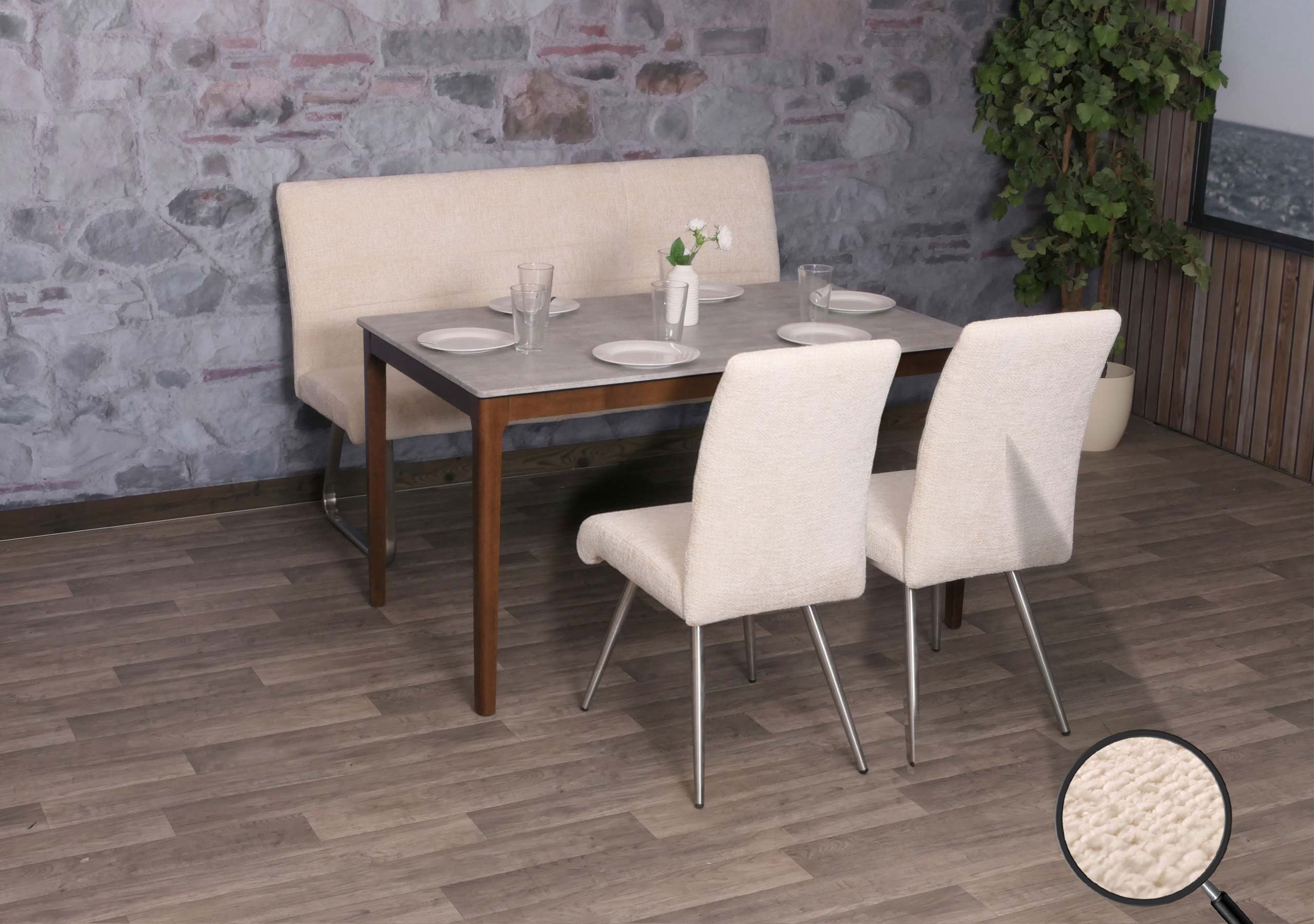 Esszimmer-Set MCW-G55, 2er-Set Stuhl + Sitzbank 160cm, Edelstahl geb&uuml;rstet Stoff/Textil Chenille ~ creme 