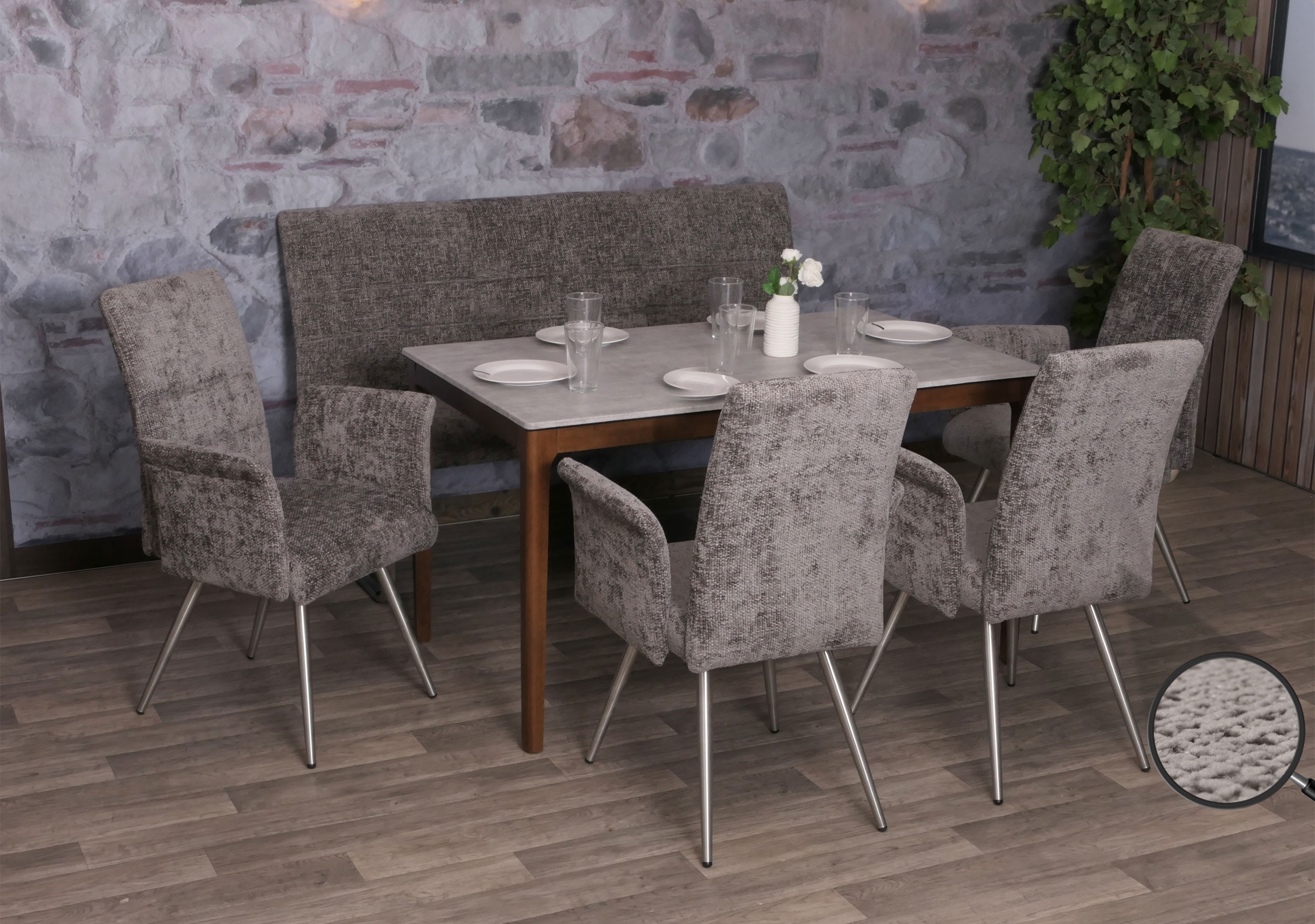 Esszimmer-Set MCW-G55, 4er-Set Stuhl mit Armlehne+Sitzbank 160cm, Edelstahl geb&uuml;rstet Stoff/Textil Chenille ~ dunkelgrau 