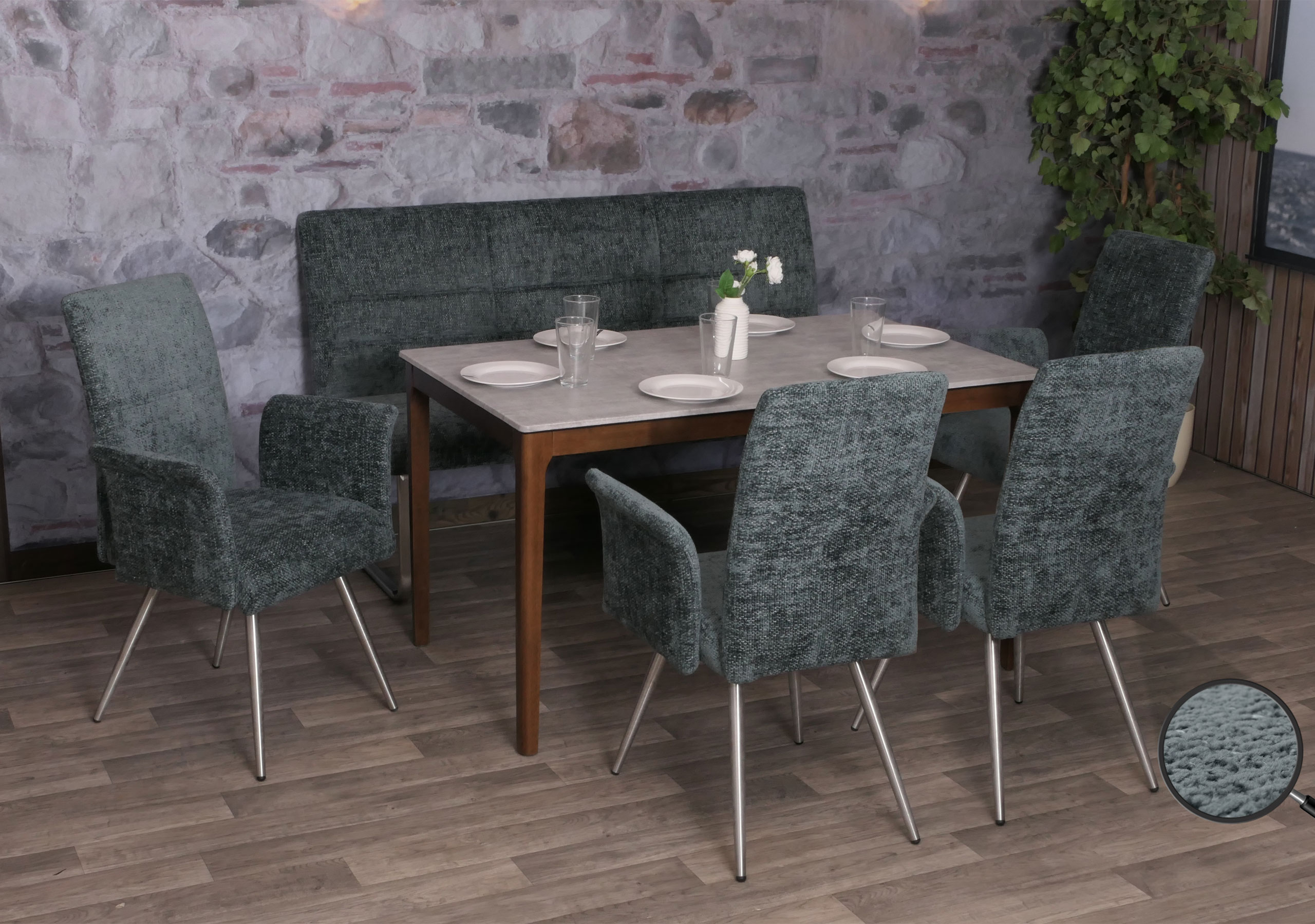Esszimmer-Set MCW-G55, 4er-Set Stuhl mit Armlehne+Sitzbank 160cm, Edelstahl geb&uuml;rstet Stoff/Textil Chenille ~ blau-gr&uuml;n 