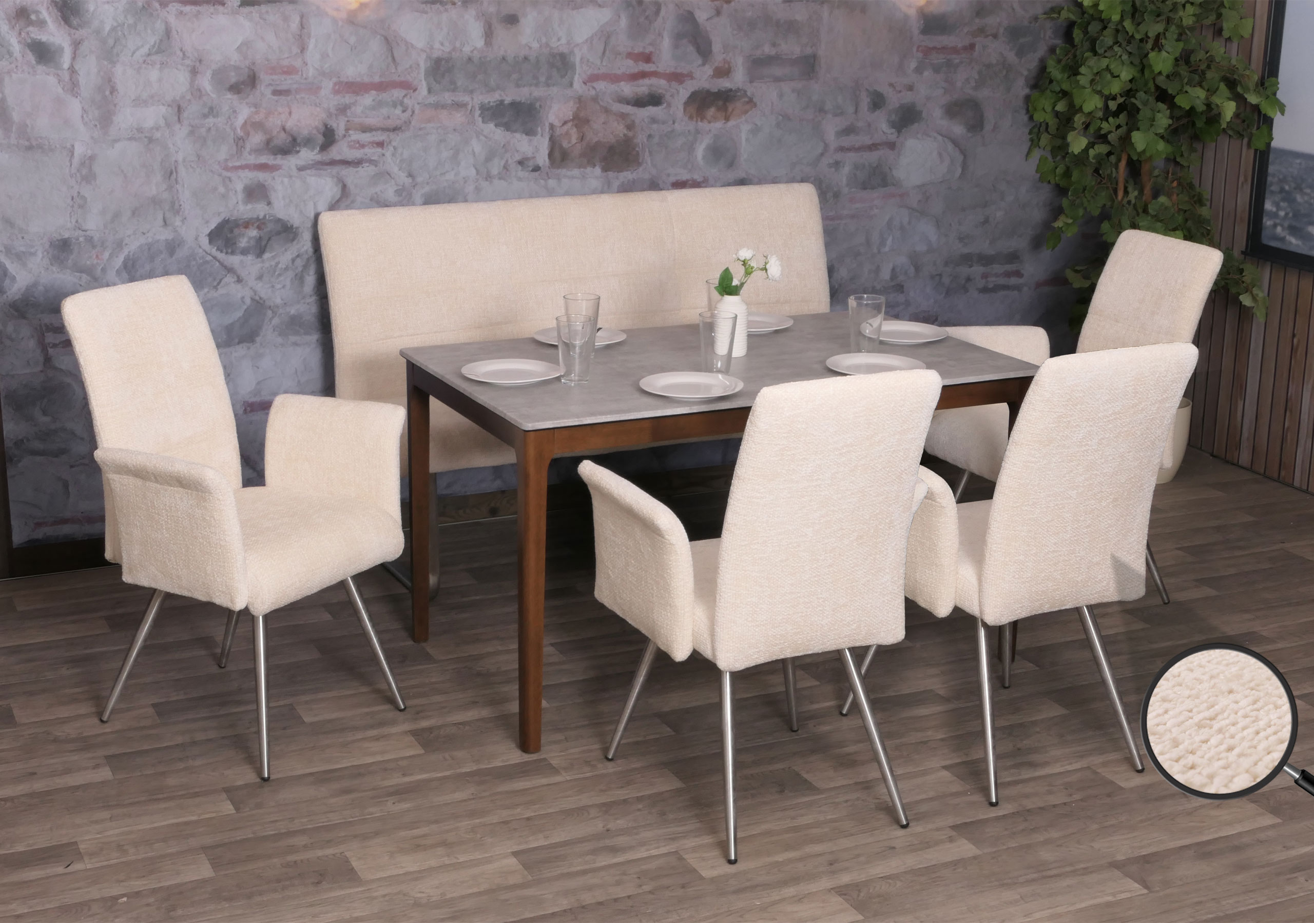 Esszimmer-Set MCW-G55, 4er-Set Stuhl mit Armlehne+Sitzbank 160cm, Edelstahl geb&uuml;rstet Stoff/Textil Chenille ~ creme 