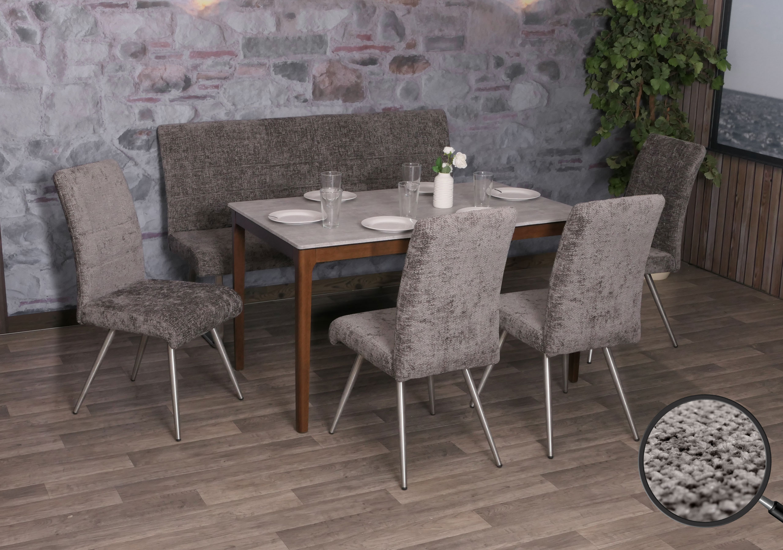 Esszimmer-Set MCW-G55, 4er-Set Stuhl + Sitzbank 160cm, Edelstahl geb&uuml;rstet Stoff/Textil Chenille ~ dunkelgrau 