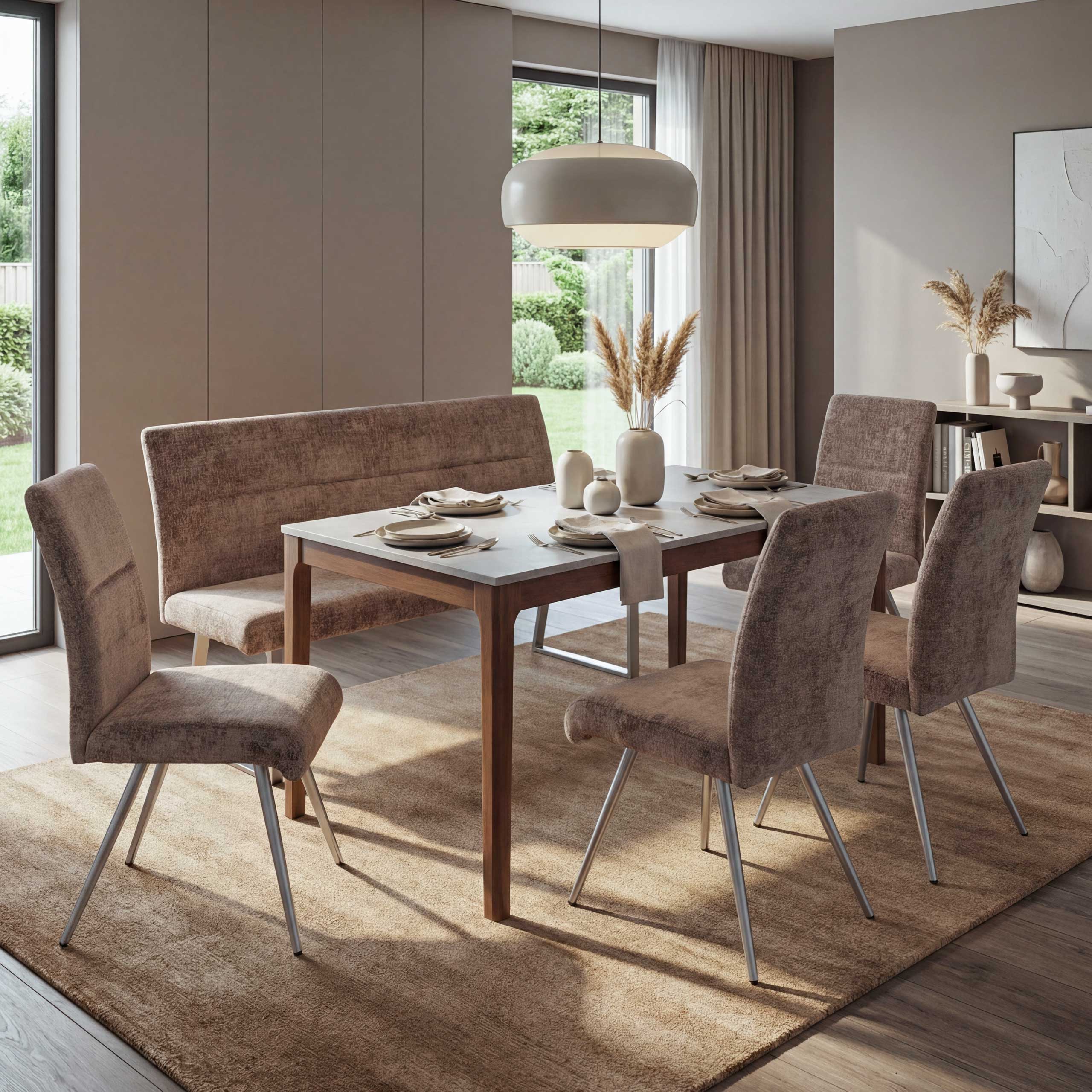 Esszimmer-Set MCW-G55, 4er-Set Stuhl + Sitzbank 160cm, Edelstahl geb&uuml;rstet Stoff/Textil Chenille ~ braun 