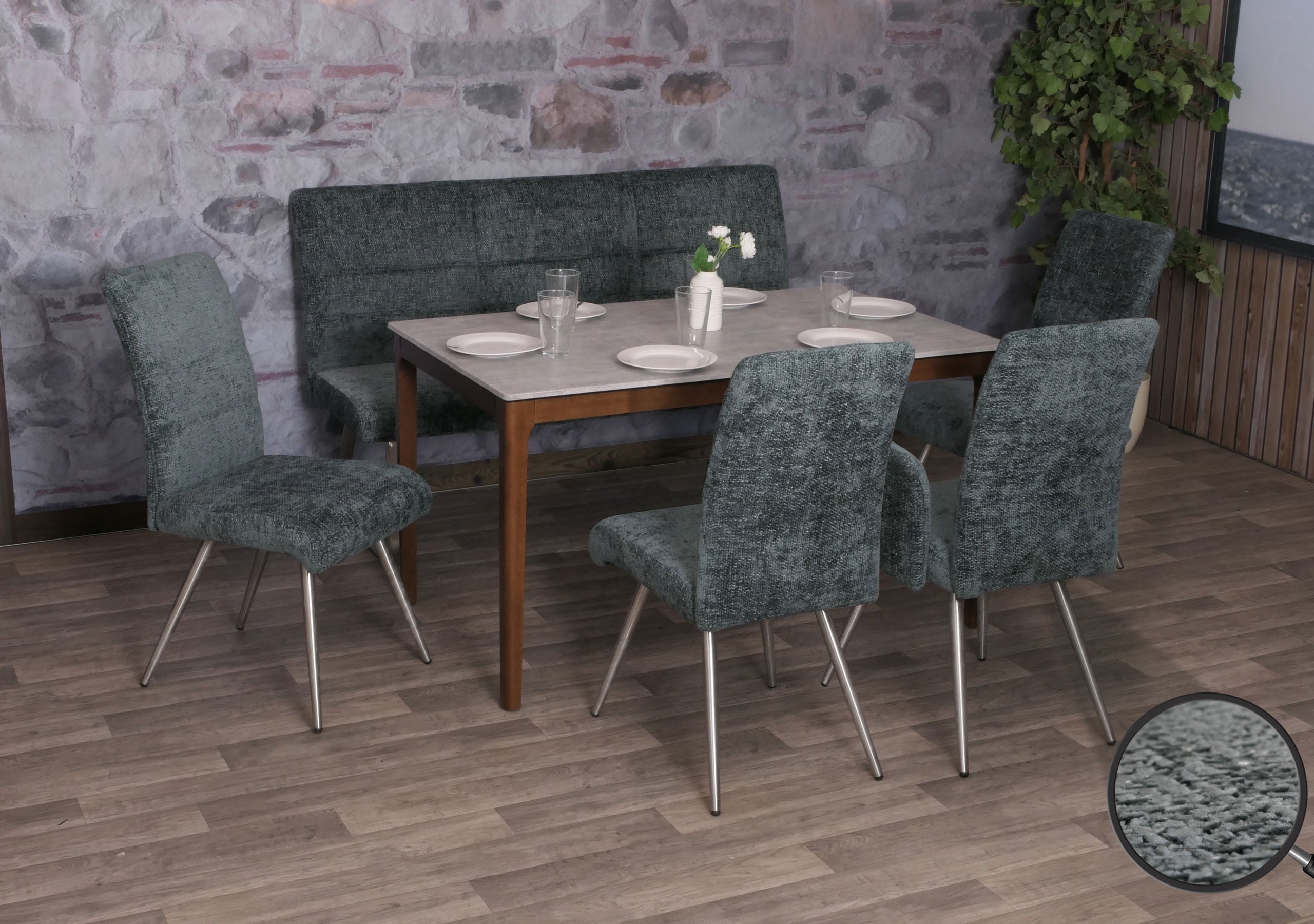 Esszimmer-Set MCW-G55, 4er-Set Stuhl + Sitzbank 160cm, Edelstahl geb&uuml;rstet Stoff/Textil Chenille ~ blau-gr&uuml;n 
