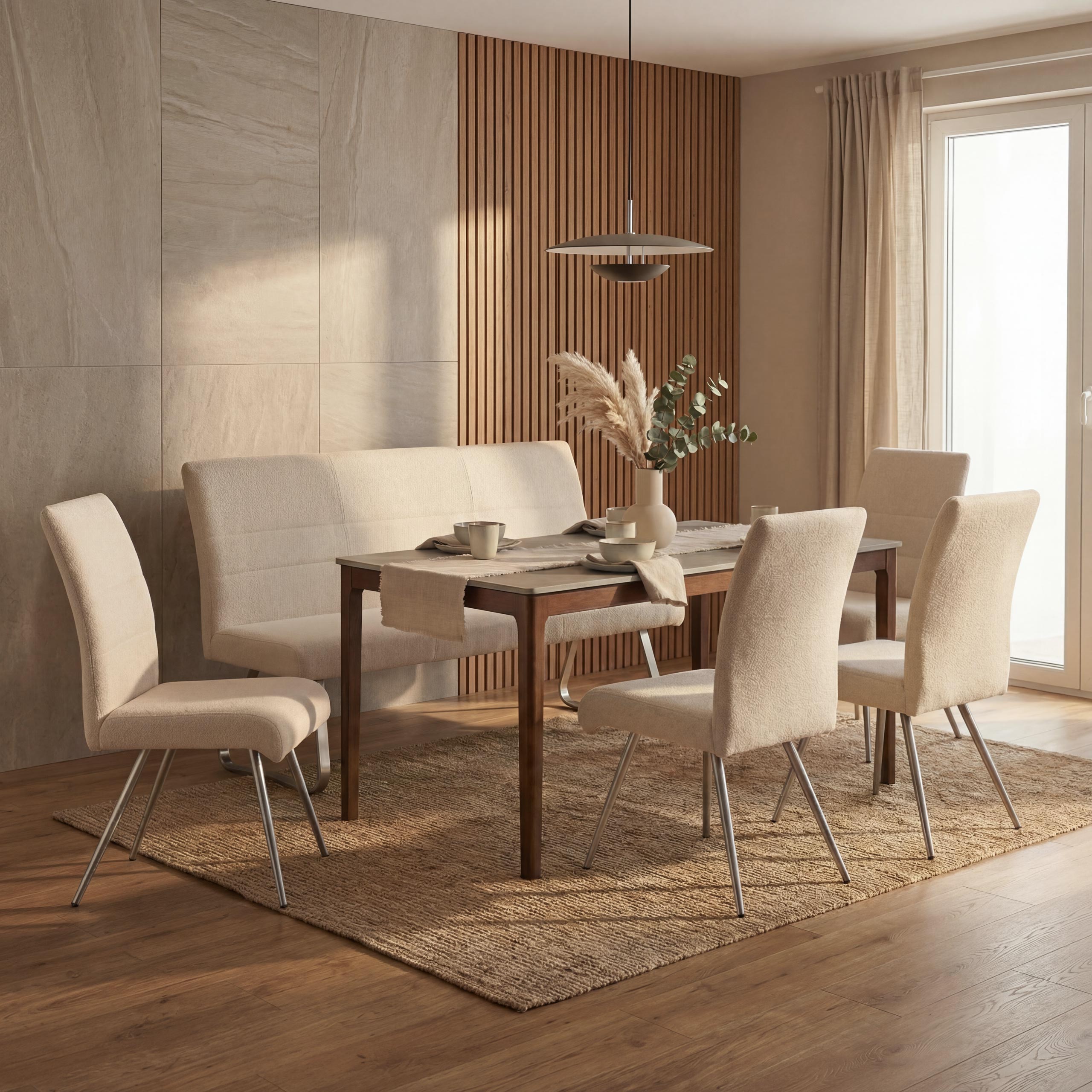 Esszimmer-Set MCW-G55, 4er-Set Stuhl + Sitzbank 160cm, Edelstahl geb&uuml;rstet Stoff/Textil Chenille ~ creme 