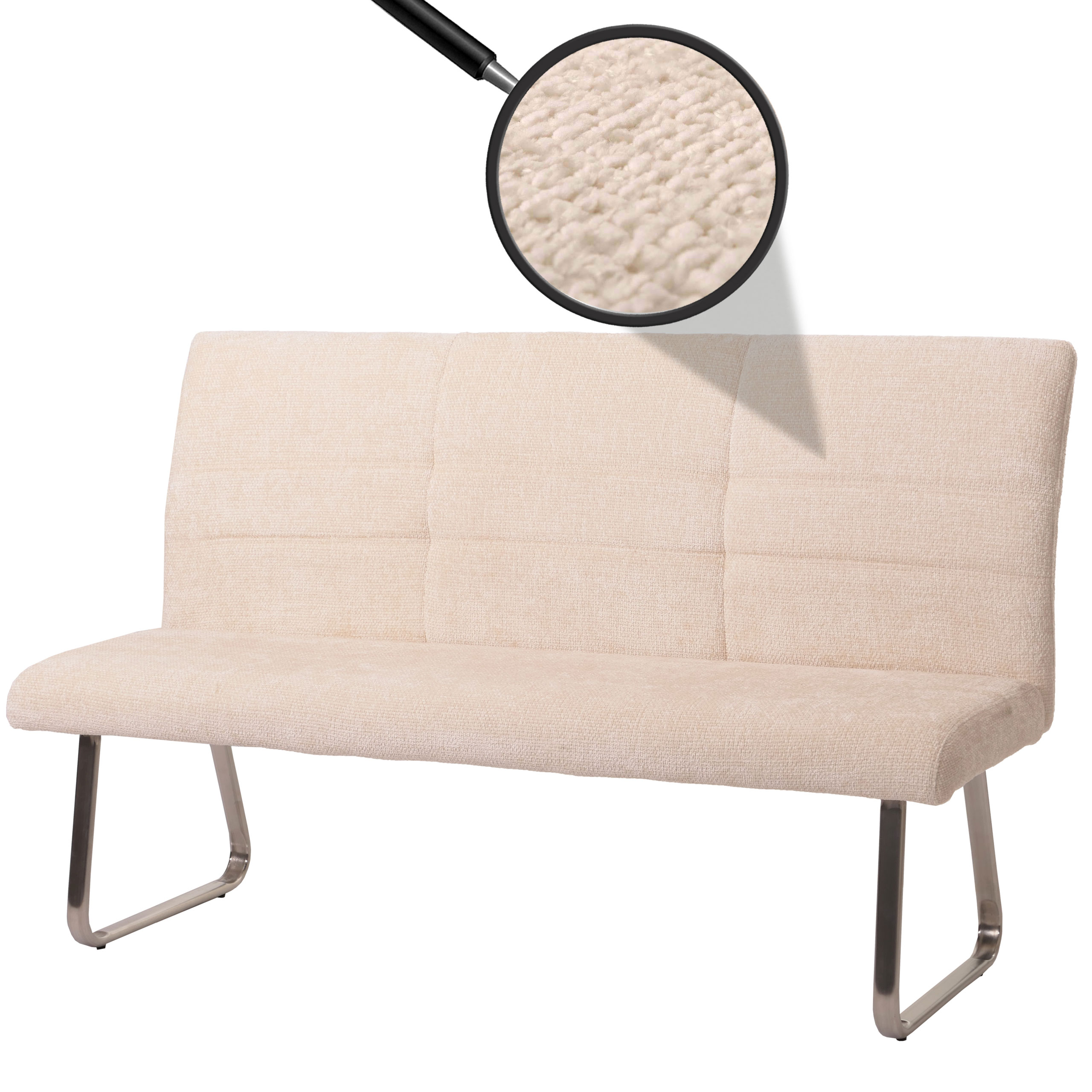 Sitzbank MCW-G55, Esszimmerbank Bank, Edelstahl geb&uuml;rstet Stoff/Textil Chenille &Ouml;ko-Tex, 160cm ~ creme 