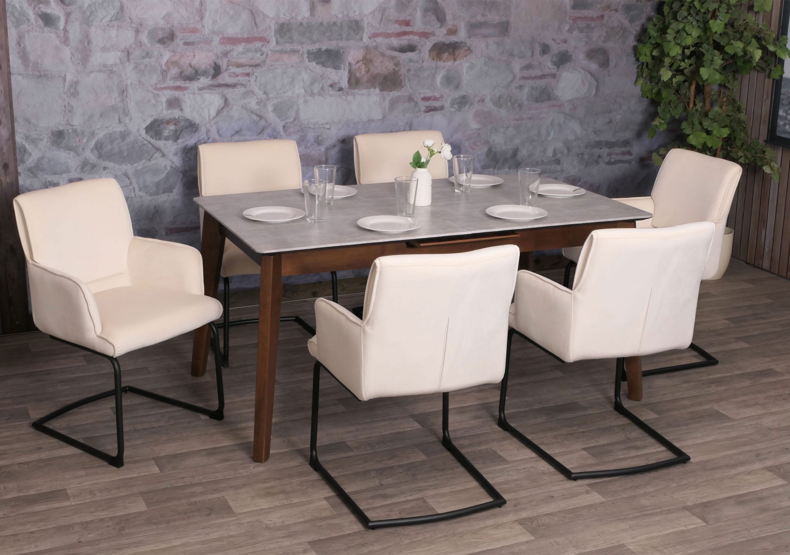 6er-Set Freischwinger MCW-N60, Esszimmerstuhl K&uuml;chenstuhl Stuhl, Stoff/Textil &Ouml;ko-Tex ~ creme-beige 