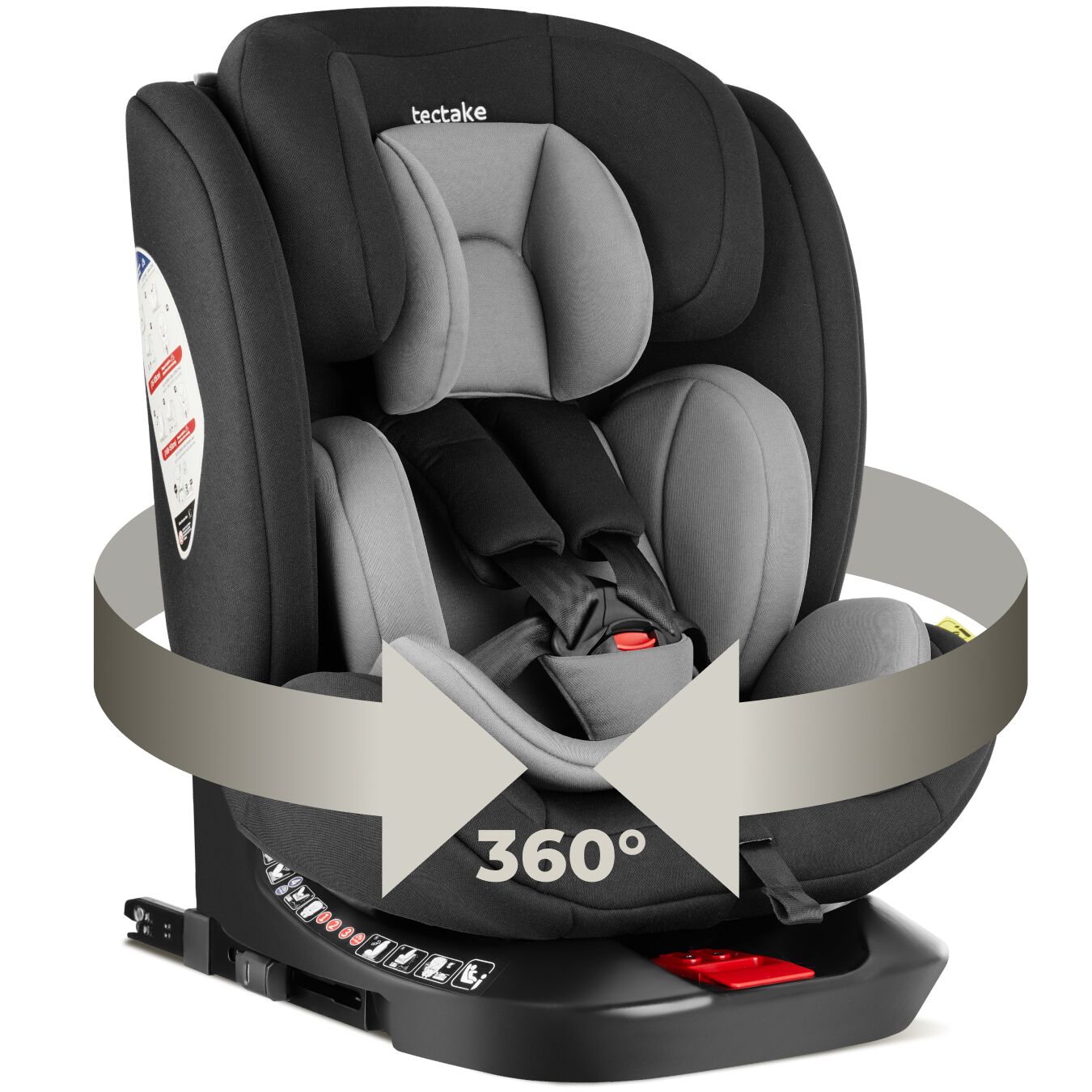 tectake&reg; Drehbarer Autositz, i-Size Zulassung, ISOFIX-Installation und Top Tether, mit Seitenaufprallschutz, l&auml;ngenverstellbarer 5-Punkt-Gurt, h&ouml;henverstellbare Kopfst&uuml;tze, ab Geburt bis 150 cm, Belastbarkeit 36 kg 