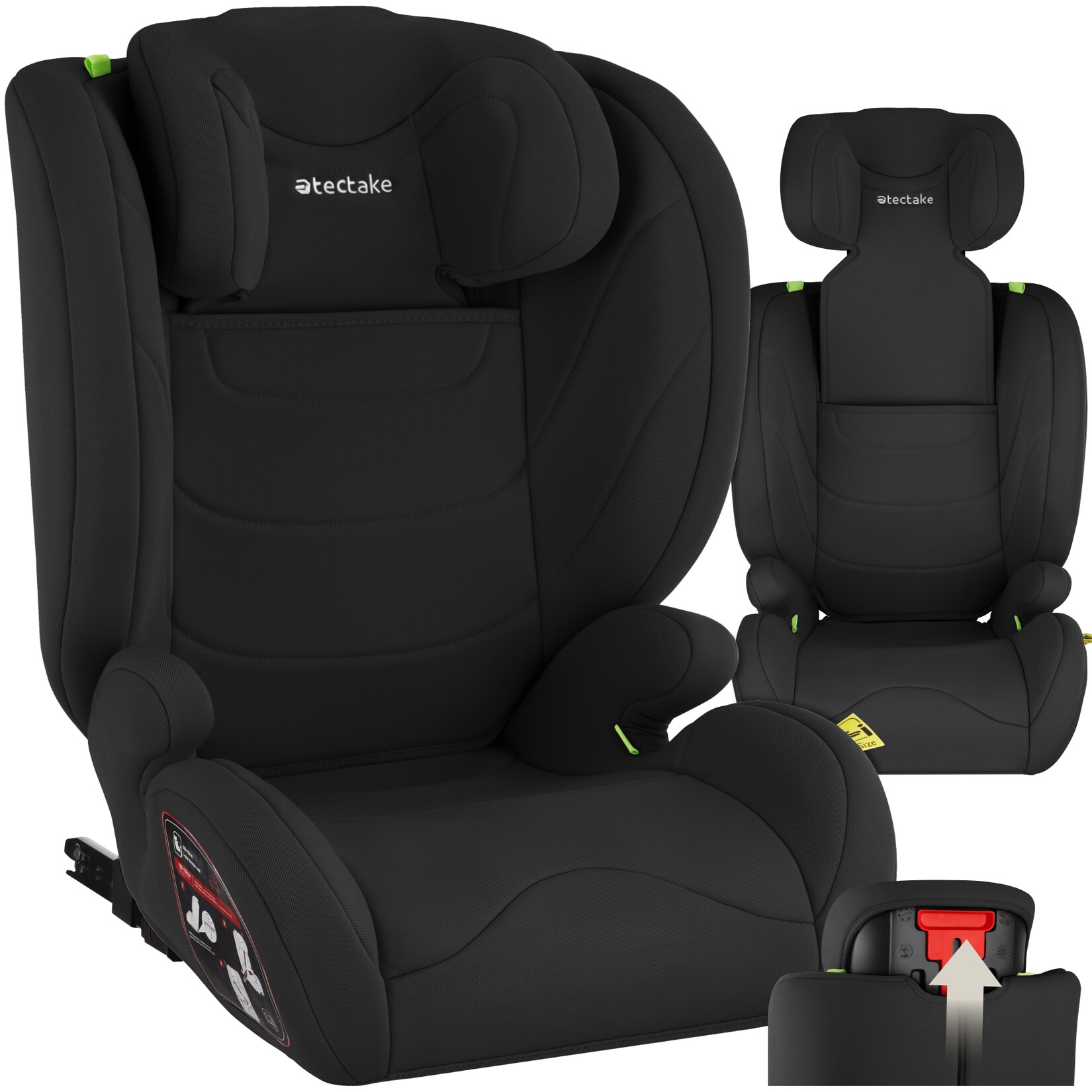 tectake® Autositz, i-Size Zulassung, ISOFIX-Installation, mit Seitenaufprallschutz, extra dicke Polsterung, von 100 bis 150 cm, Belastbarkeit