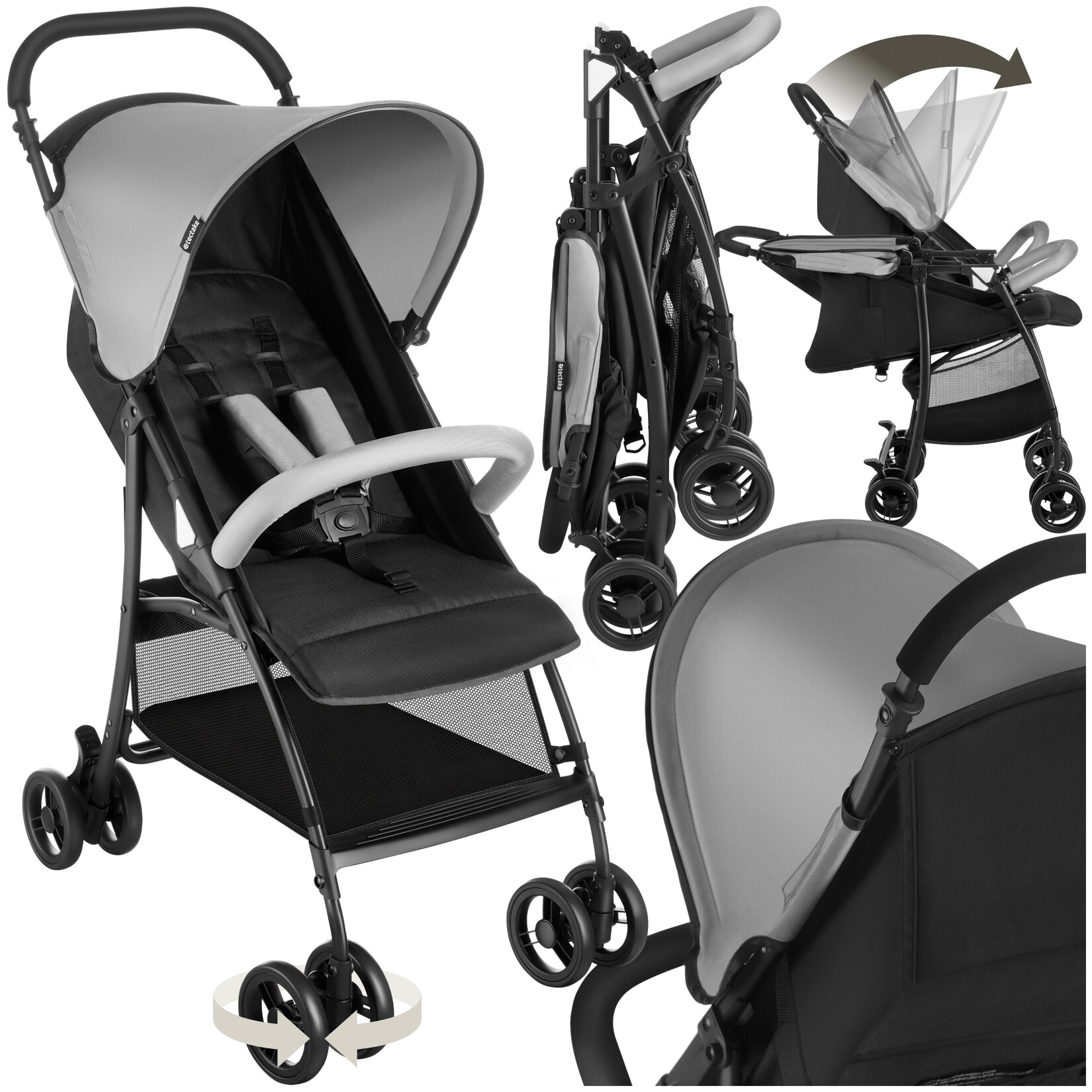 tectake® Buggy-Kinderwagen, klappbar, mit 5-Punkt-Gurt, Bremse und Schutzbügel, pulverbeschichtetes Stahlgestell und pflegeleichter Polyesterbezug, für 0 bis 36 Monate geeignet, Belastbarkeit